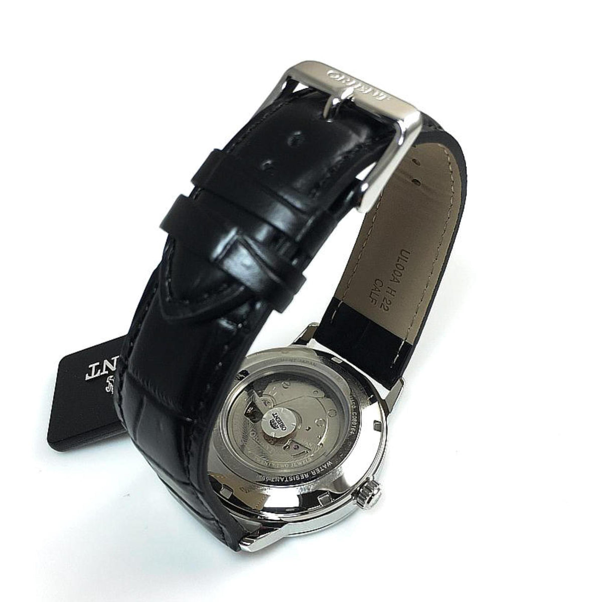 Men's automatic watch, black leather strap with stainless case back