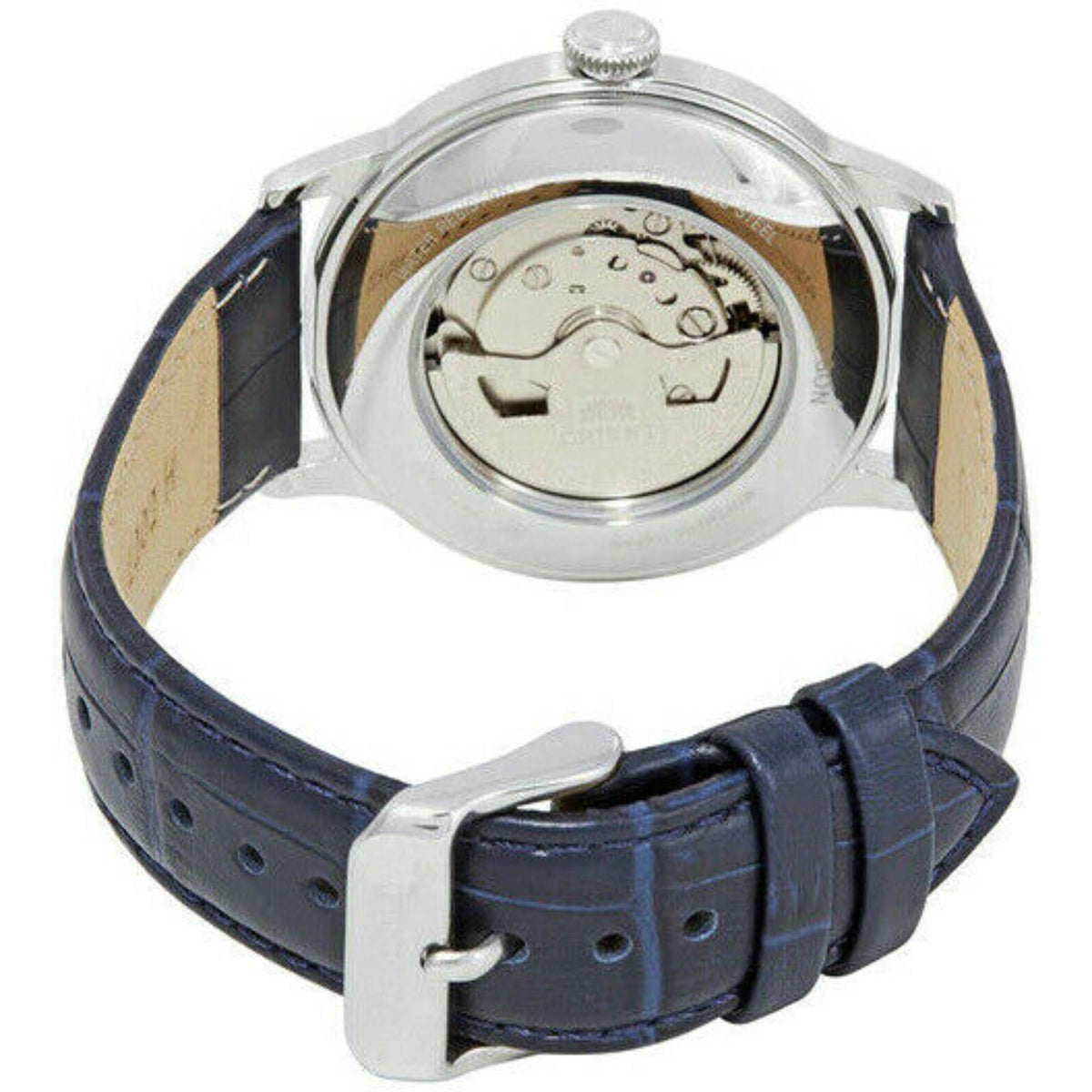 Men's automatic watch case back with visible movement through open window, dark blue leather strap