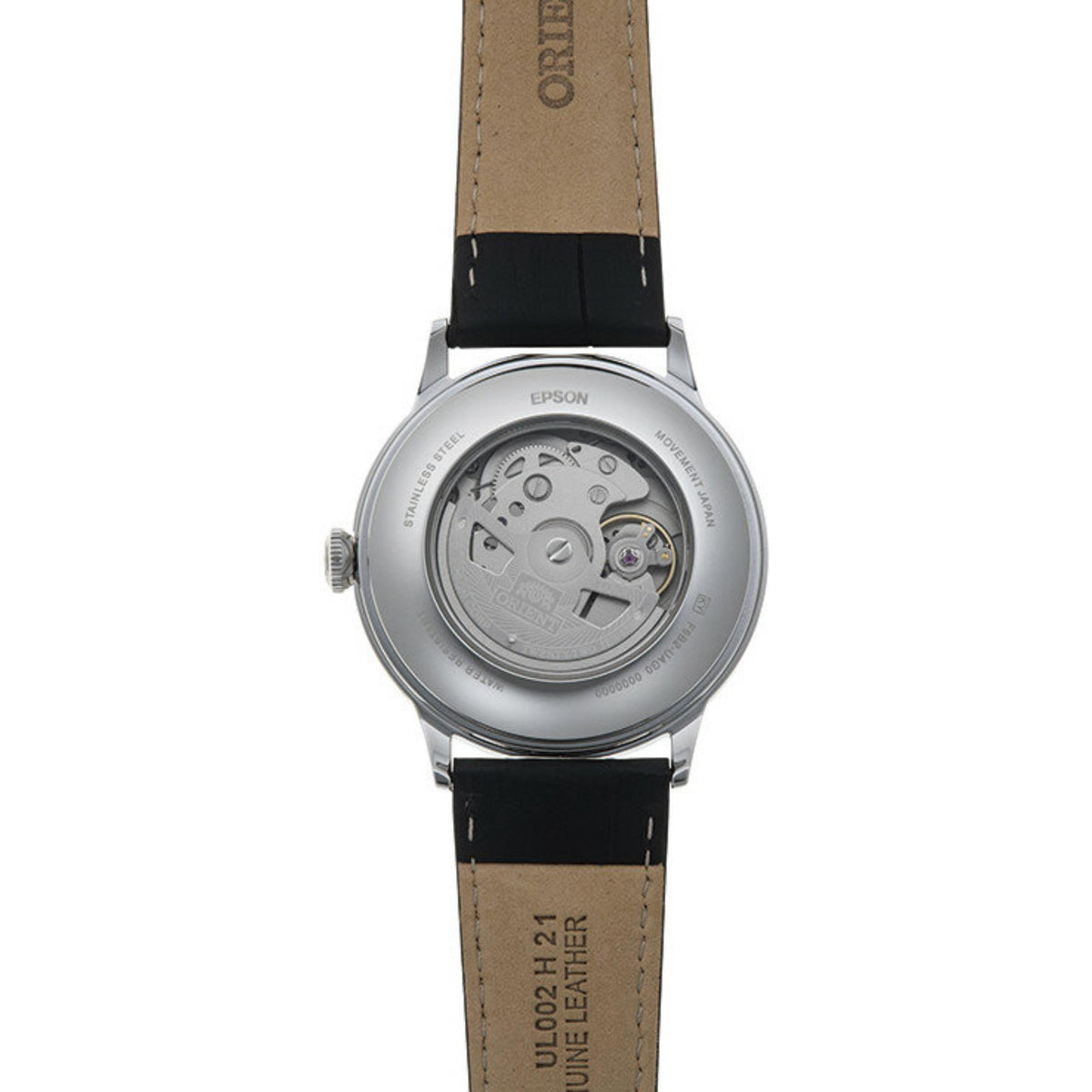 Rear view of Orient Bambino RA-AK0701S30B showing open, clear case back displaying internal mechanical movement.