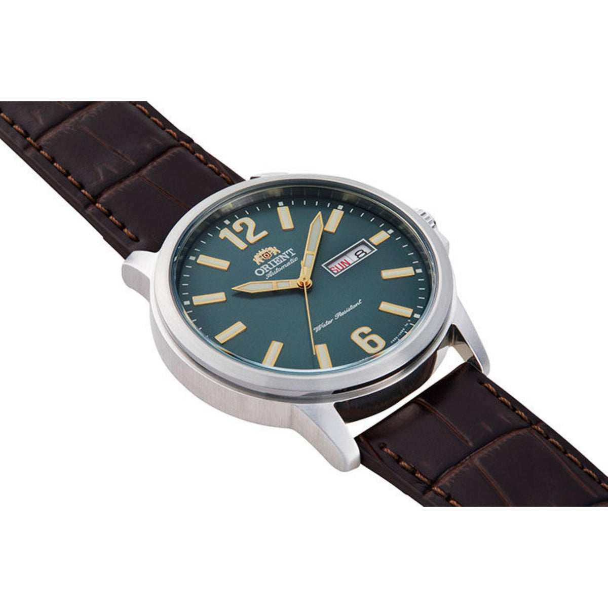 Orient Contemporary automatic watch with a green dial and brown leather strap.