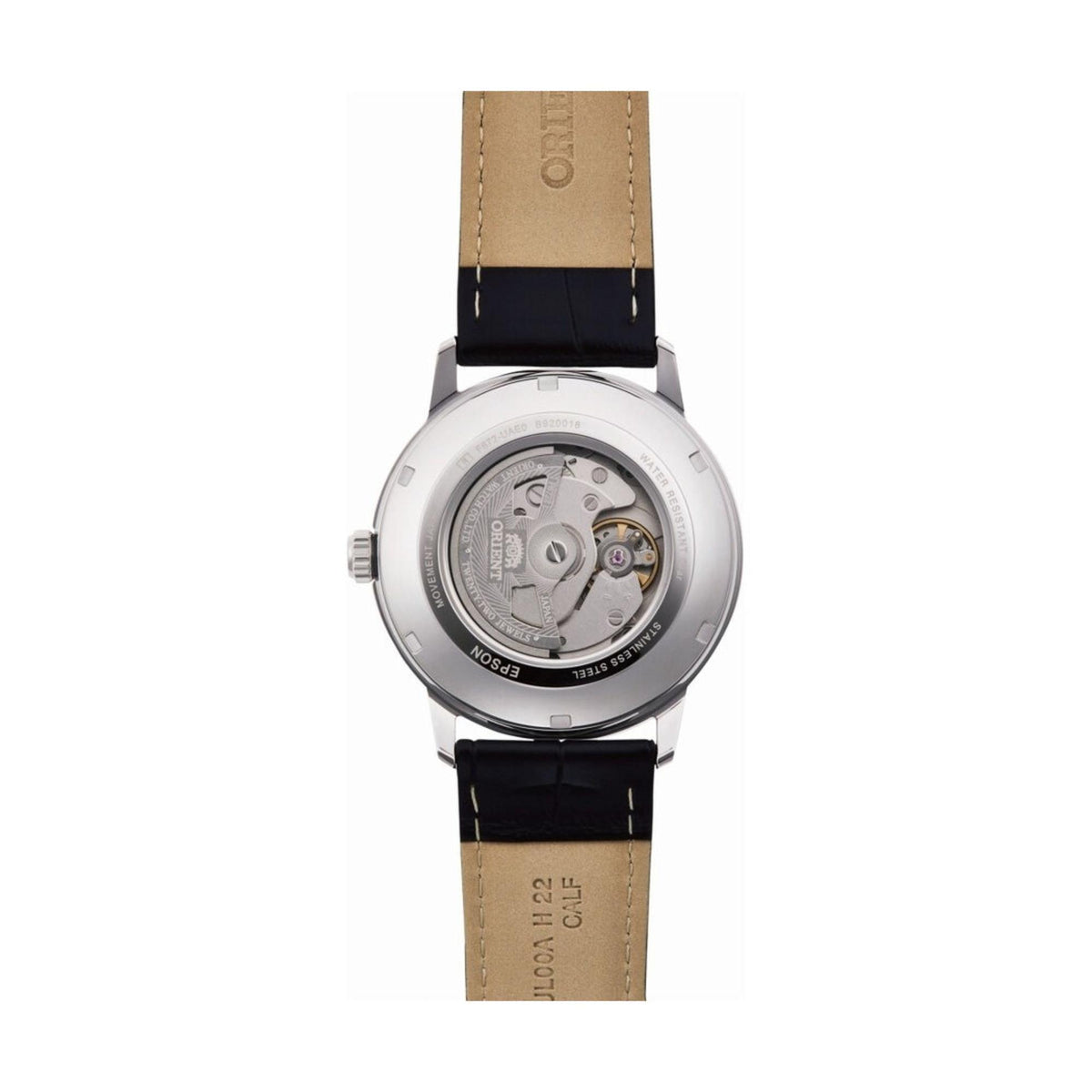 Orient Contemporary RA-AC0F05B30B watch case back with a leather strap and visible brand name on the strap