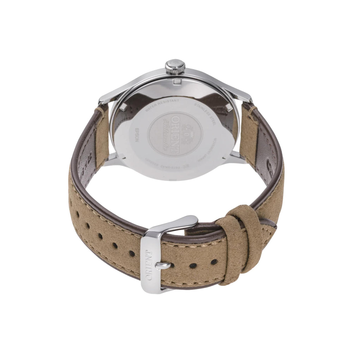 Men’s leather watch on wrist view from side, brown strap with metal buckle and lugs