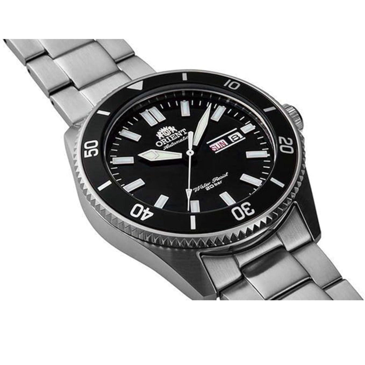 Men's steel automatic wrist watch close-up: black dial with bold hour markers and date