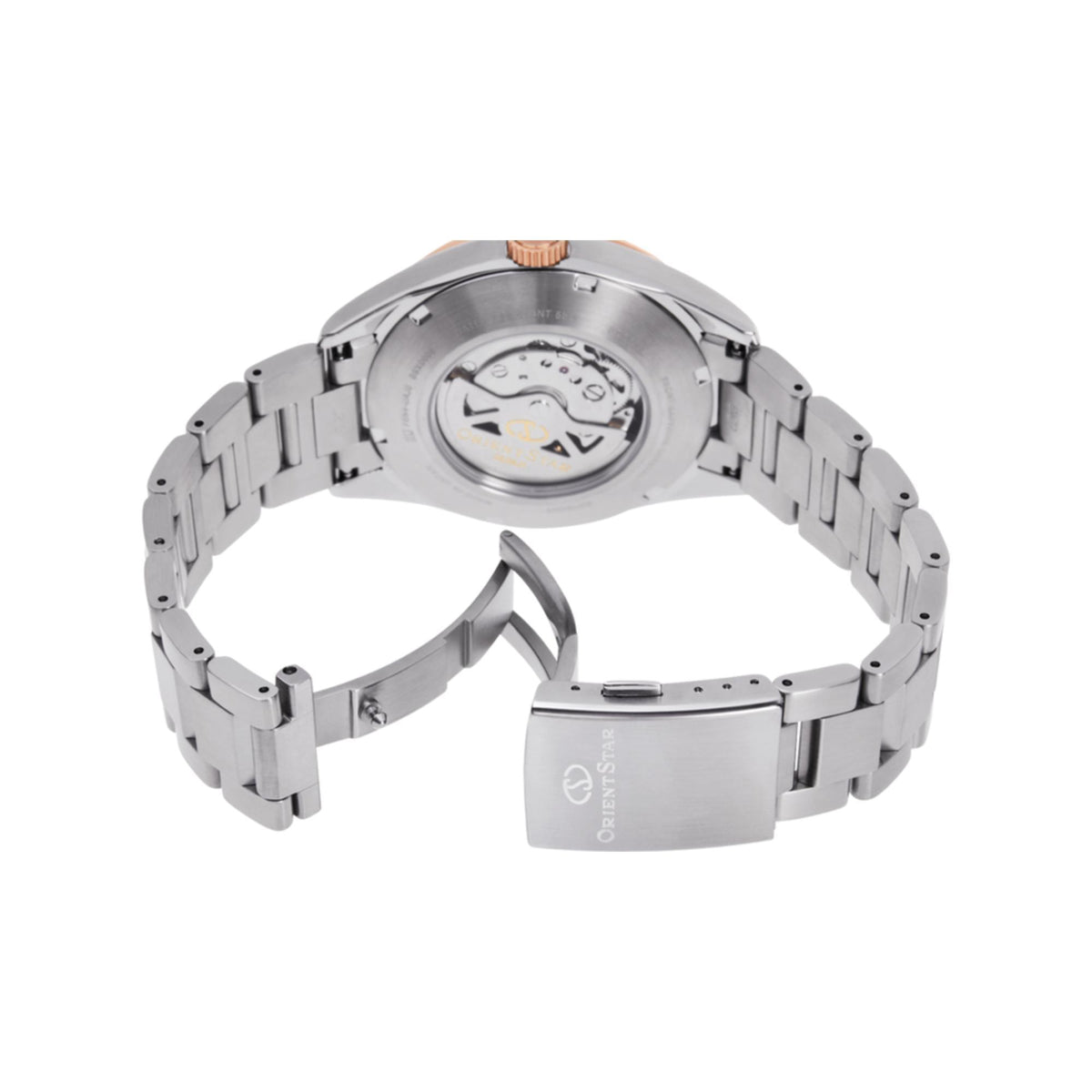 Stainless steel automatic watch caseback with visible mechanical movement and link bracelet.