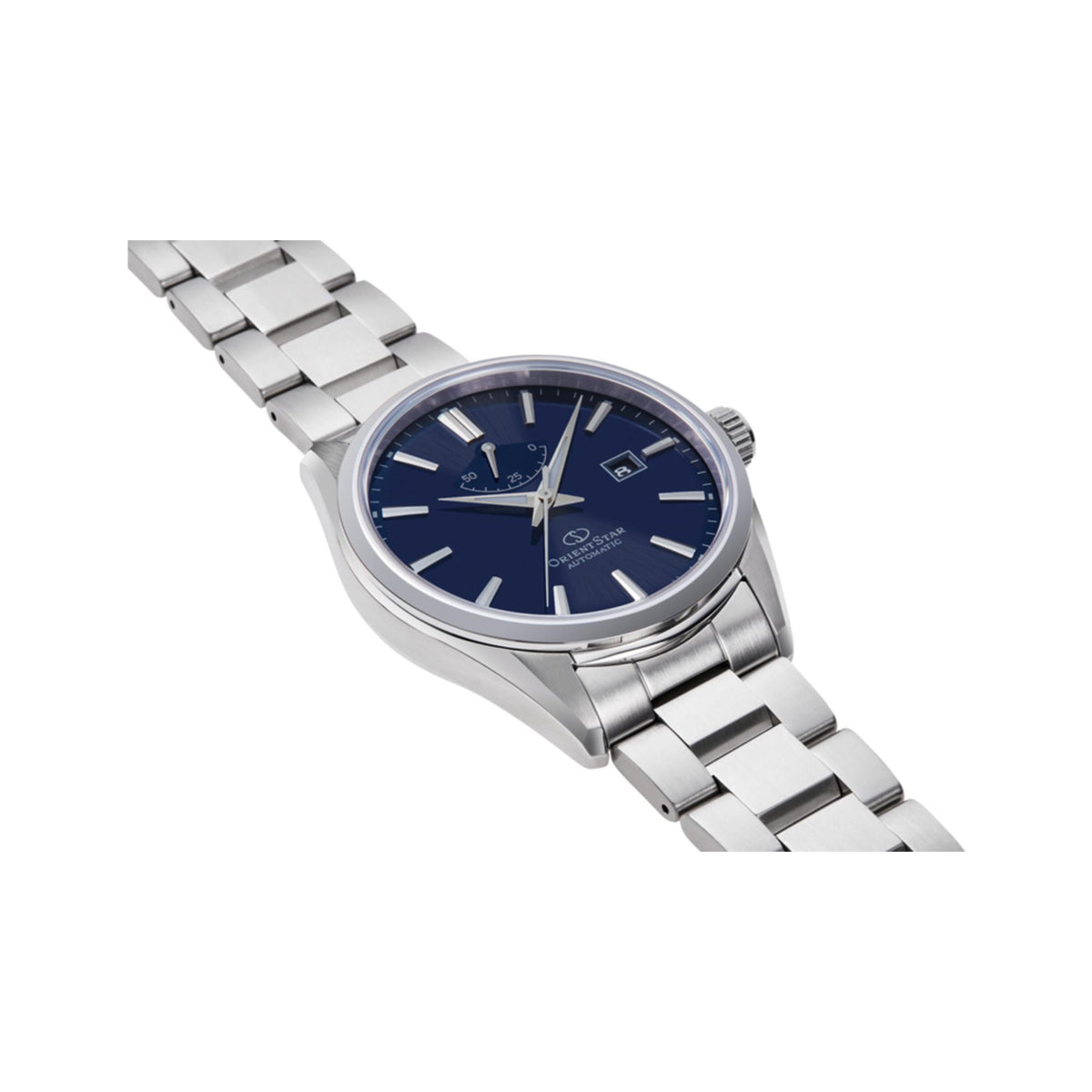 Round men's automatic watch with blue dial and silver steel bracelet, angled view