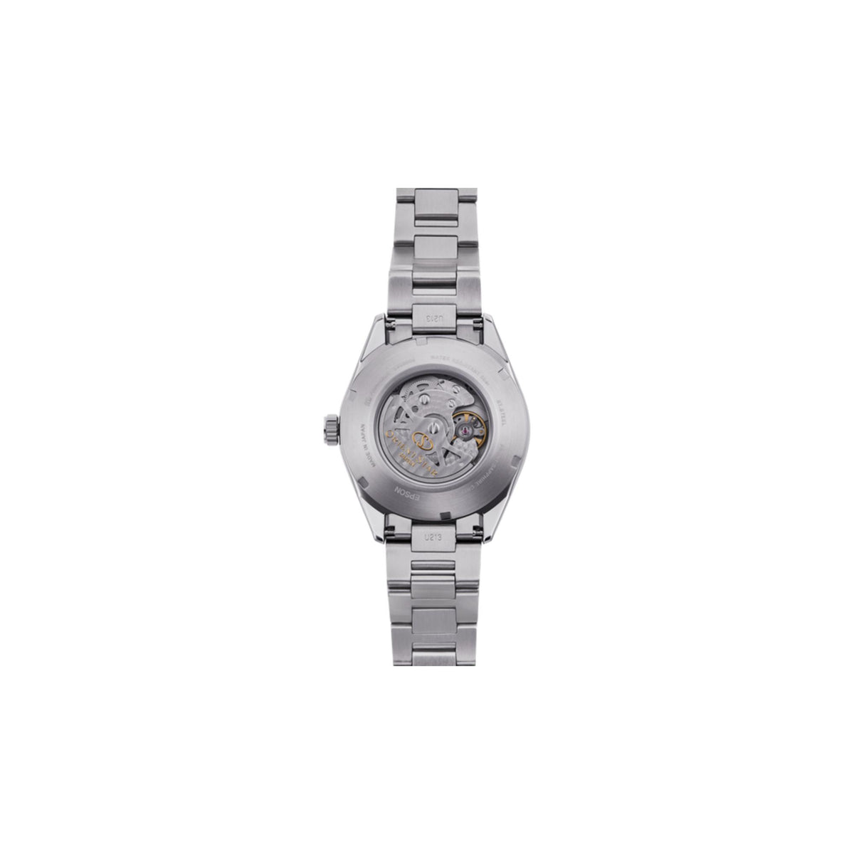 Men's automatic watch in silver steel with blue dial, side profile view