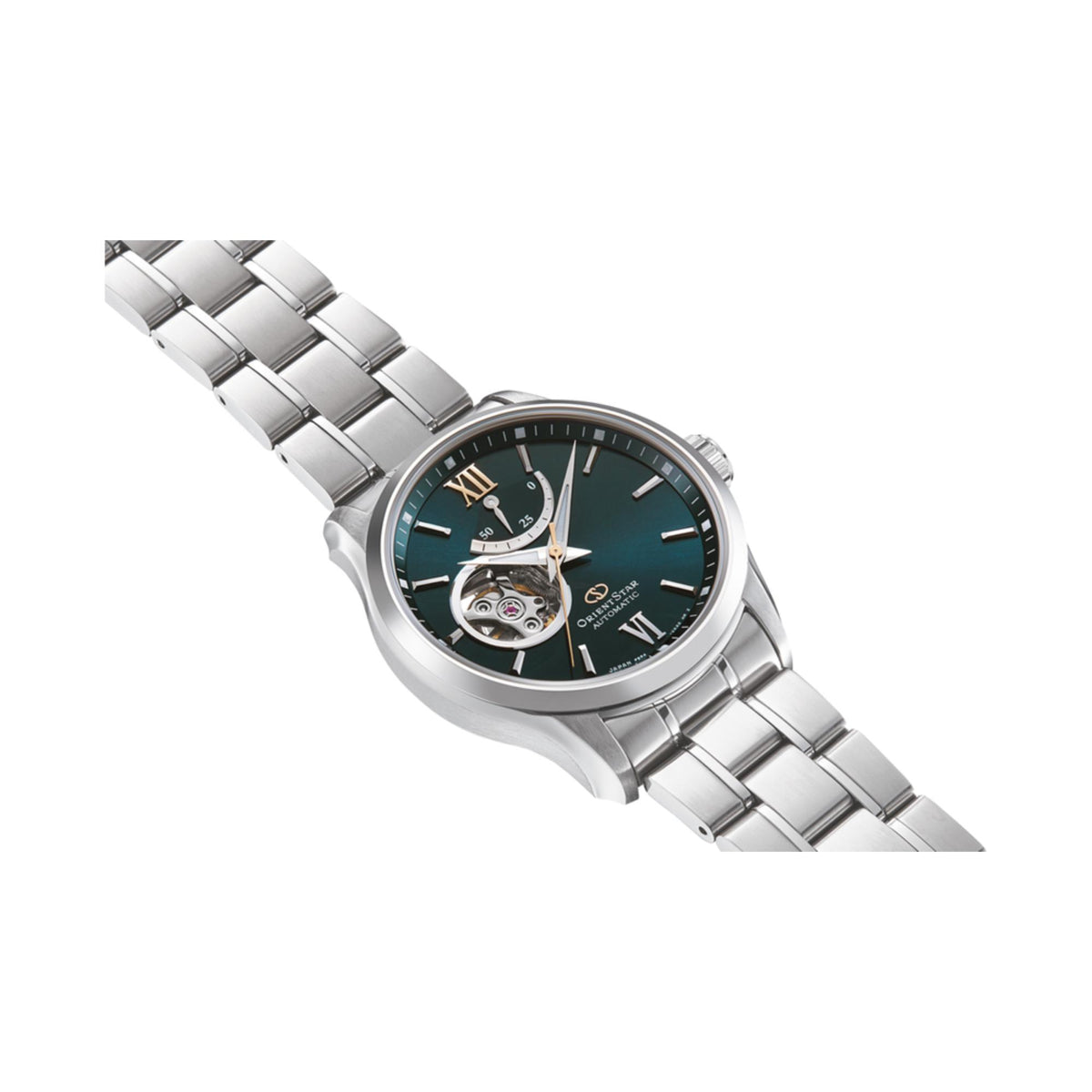 Men's steel automatic wristwatch with green dial and skeleton movement, angled view