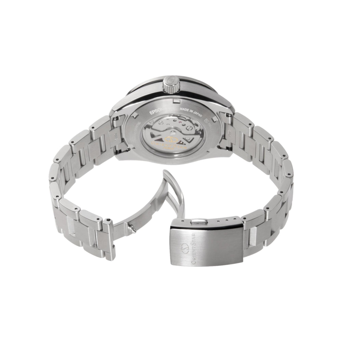 Silver steel watch caseback with metal link bracelet and engraved back details