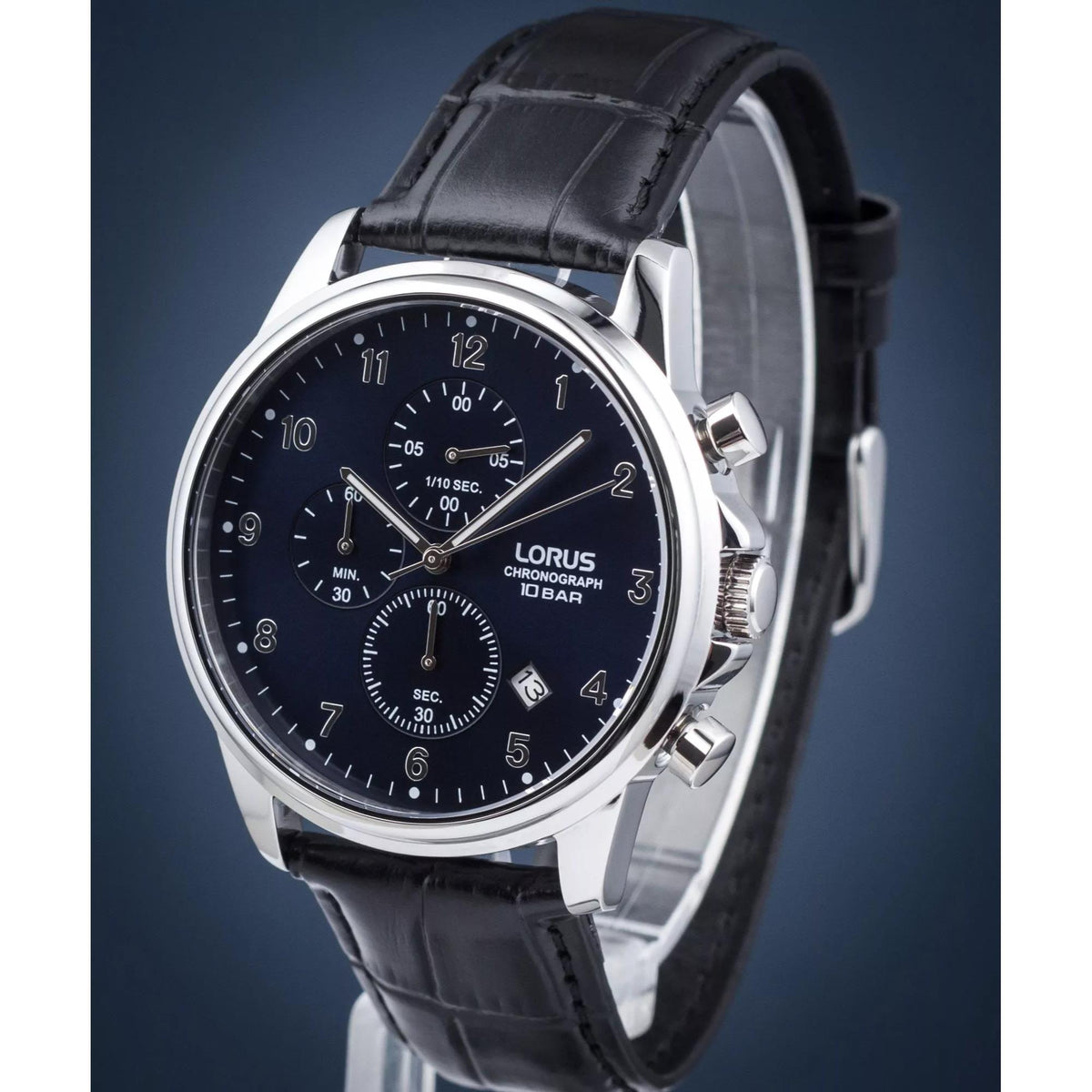 Men's chronograph watch side profile, dark blue dial, black leather strap, steel bezel