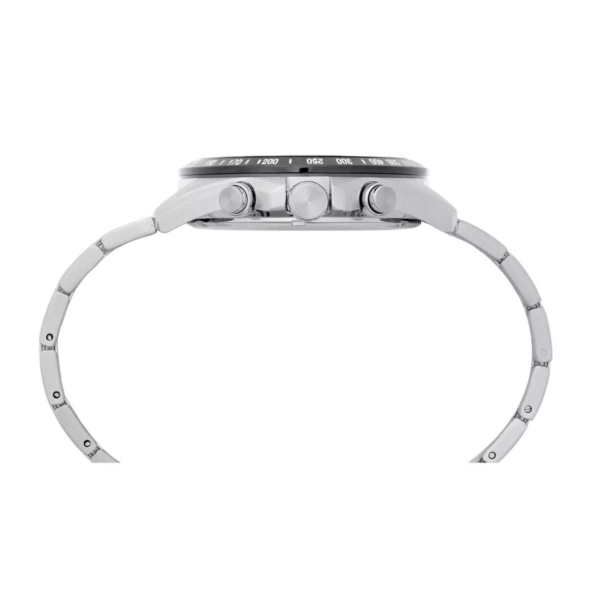 Men's chronograph watch side view with crowns and pushers, steel case and bracelet