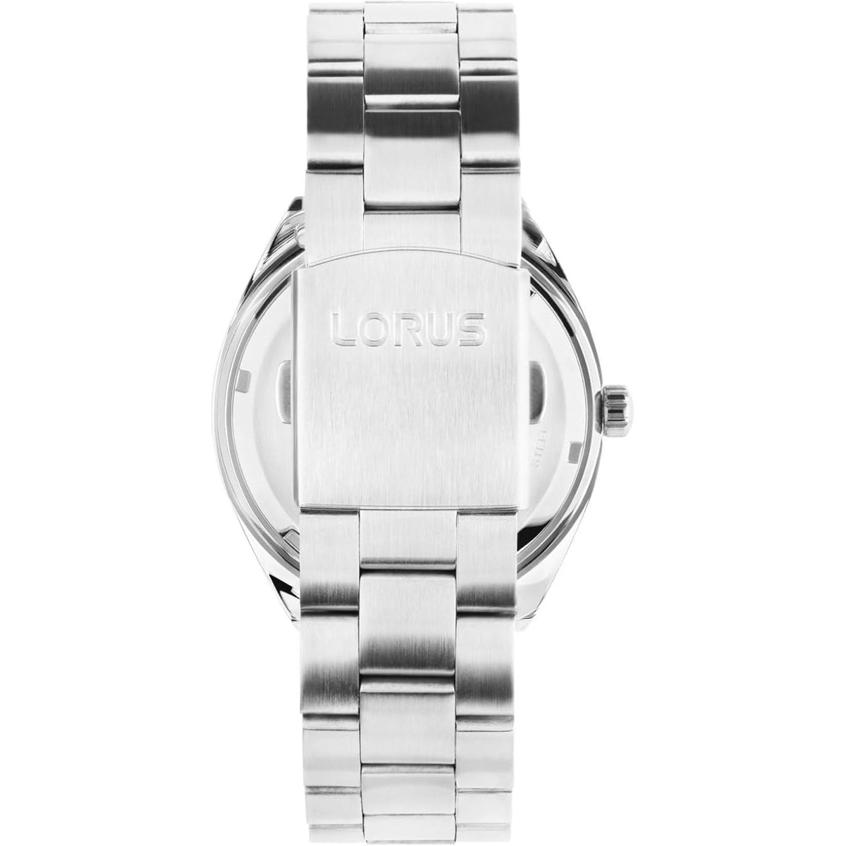 Stainless steel watch case back with bracelet links and crown, no dial visible