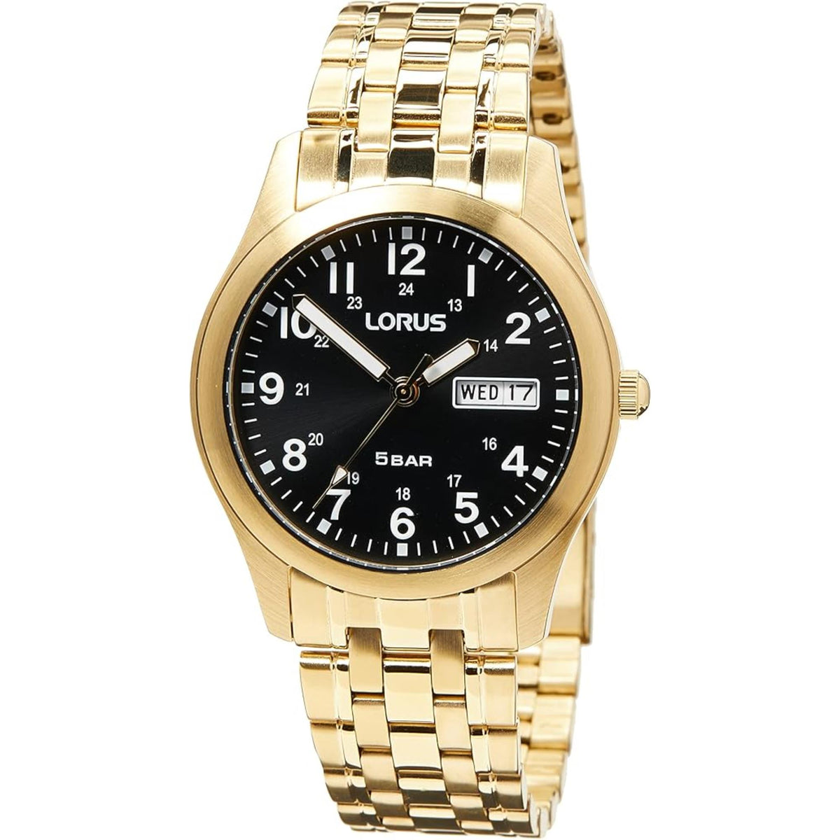 Gold men's watch with black sunray dial, date window, and gold metal bracelet