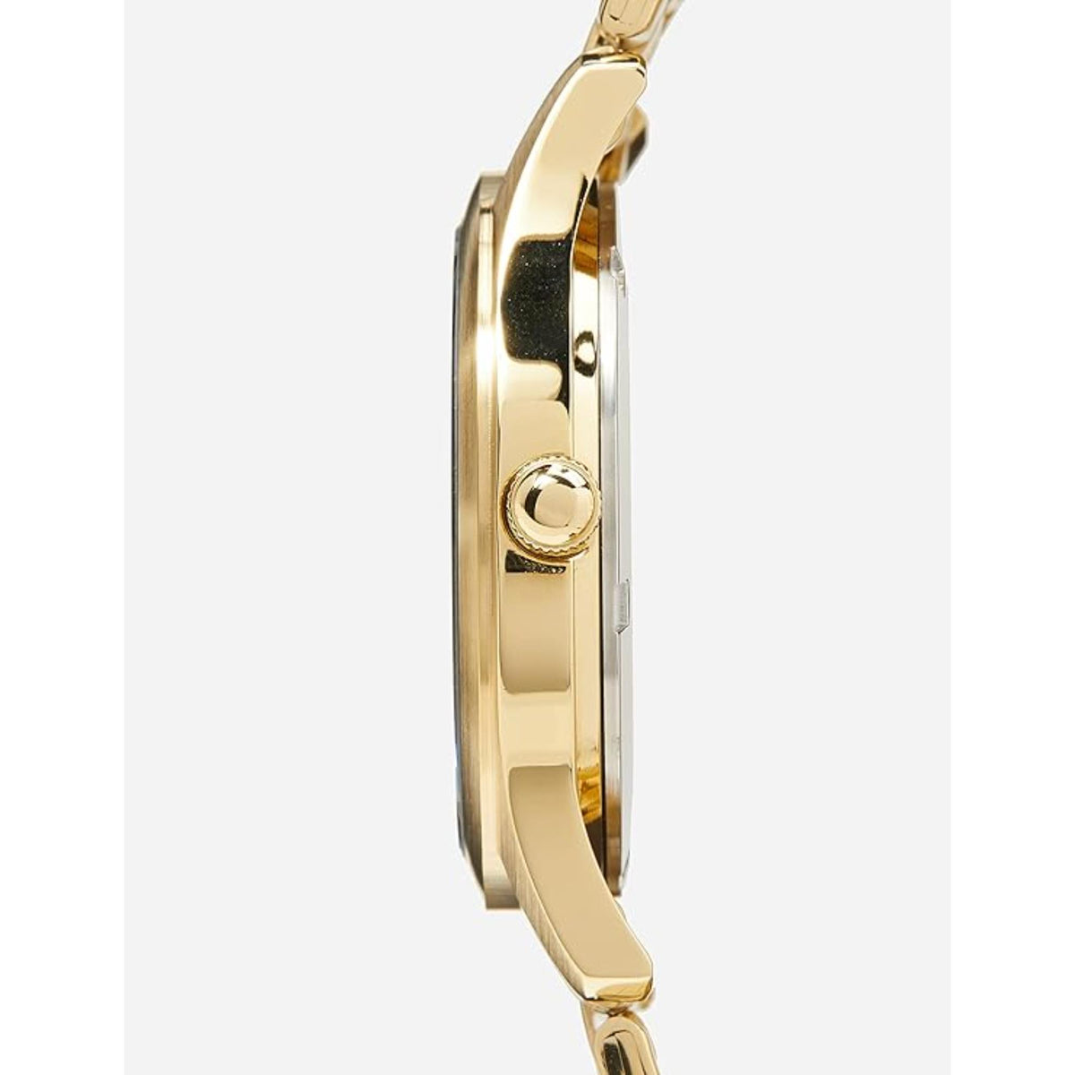 Gold-tone watch case with crown and smooth side profile, linked metal bracelet