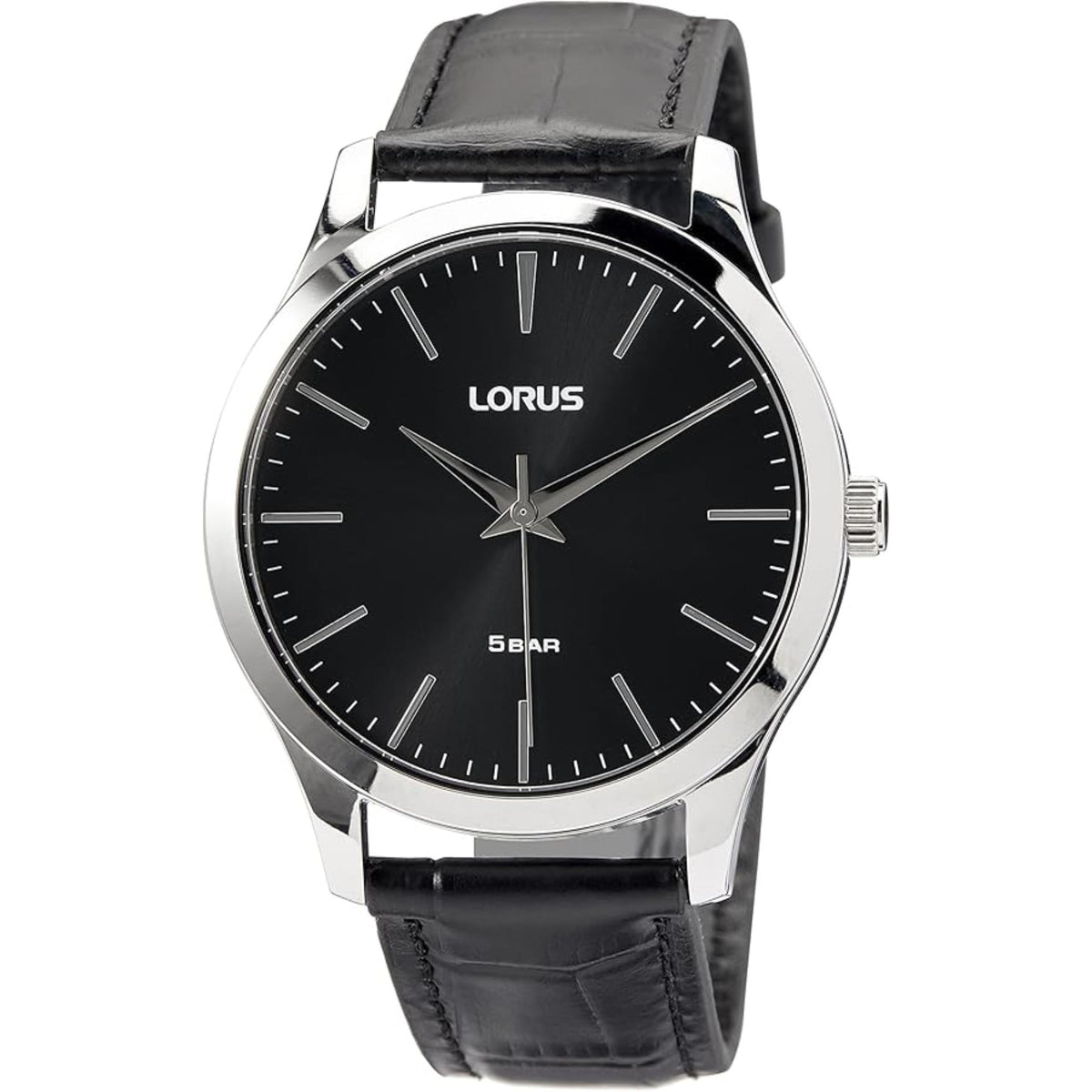 Men's black leather strap watch with black dial and silver bezel, analog hands