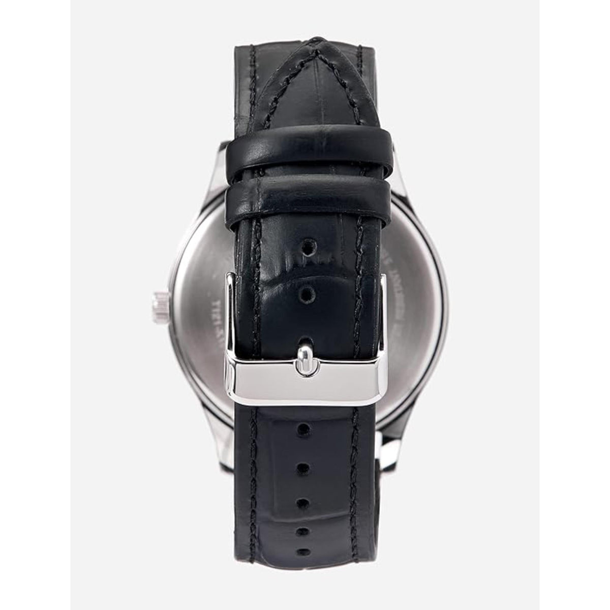 Lorus men's watch back with black leather strap and stainless steel case back