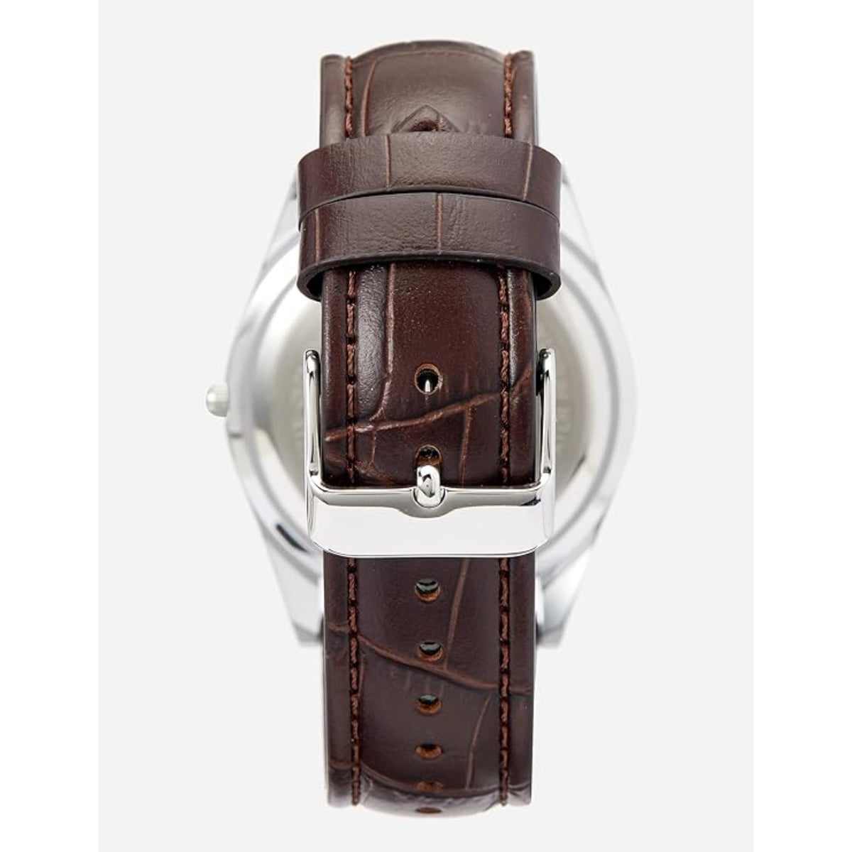 Men's Lorus analog quartz watch back, brown leather strap with buckle and metal clasp.