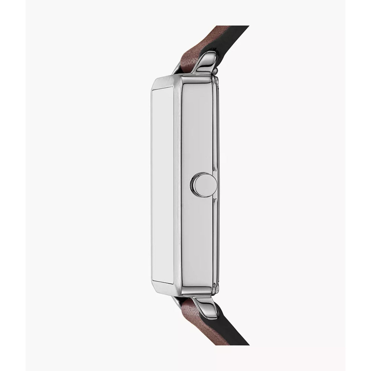 Skagen watch side view with silver-tone case and brown leather strap
