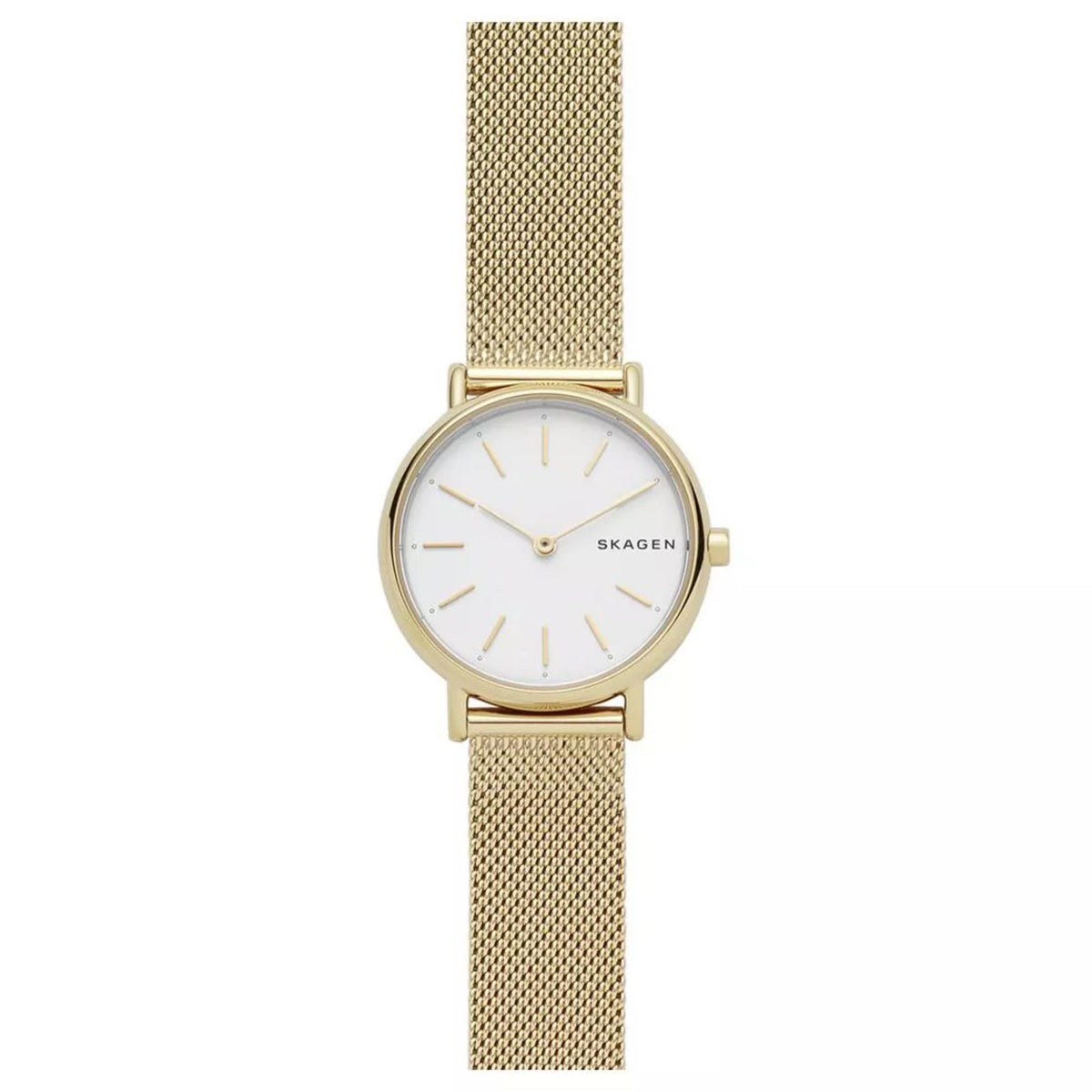 Front View of Skagen Signatur Lille SKW2693 White Silver Dial Watch with Gold Mesh Band