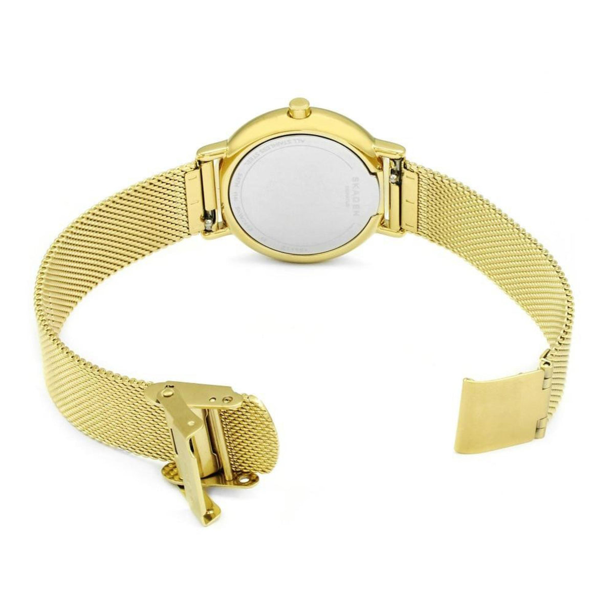 Rear View Displaying Open Gold Mesh Bracelet and Caseback of Skagen Signatur Lille SKW2693