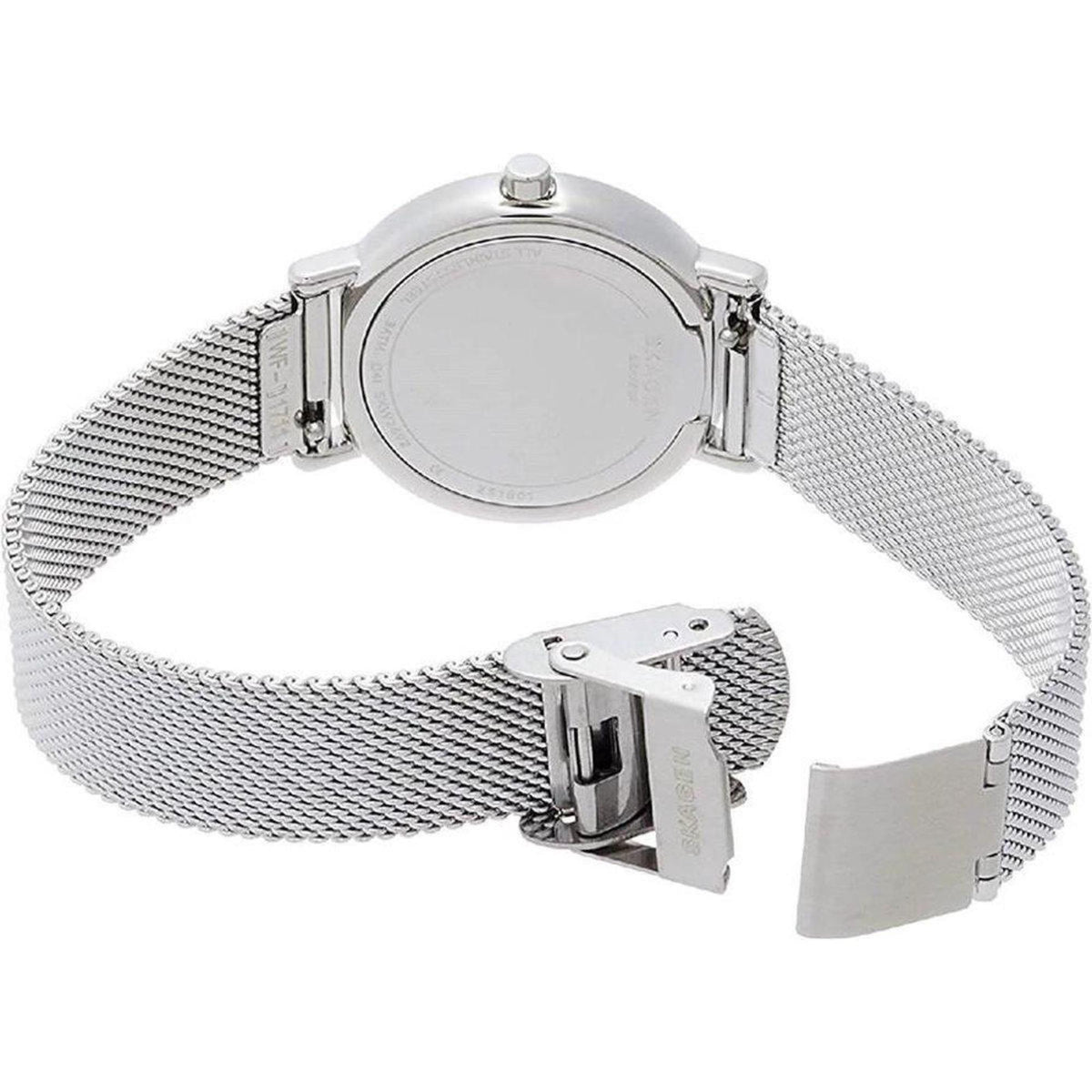 Rear View Displaying Open Silver Steel Mesh Bracelet and Caseback of Skagen Signatur Lille SKW2692