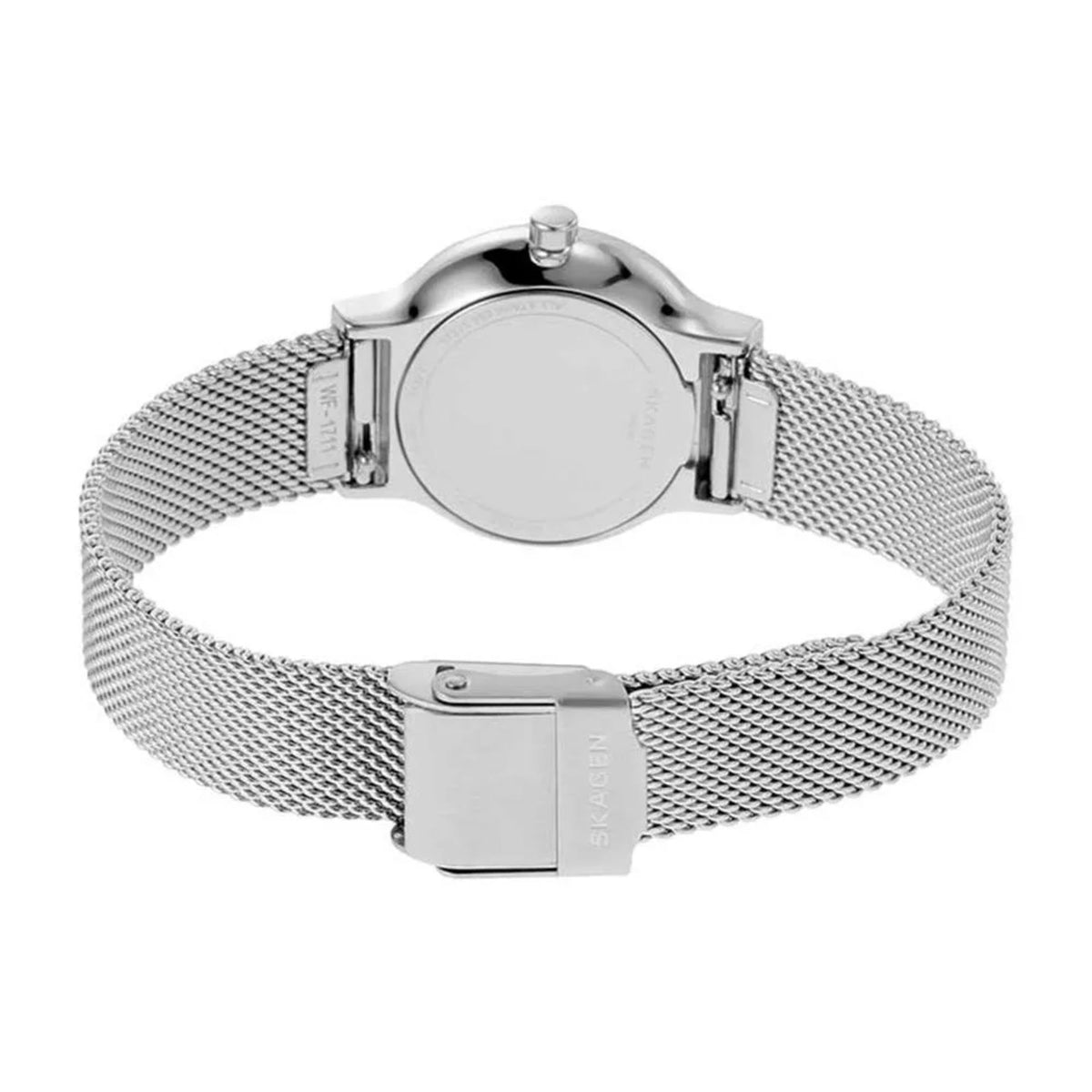 Back perspective highlighting the solid case back and steel mesh clasp of the Skagen Freja Lille SKW2715 watch