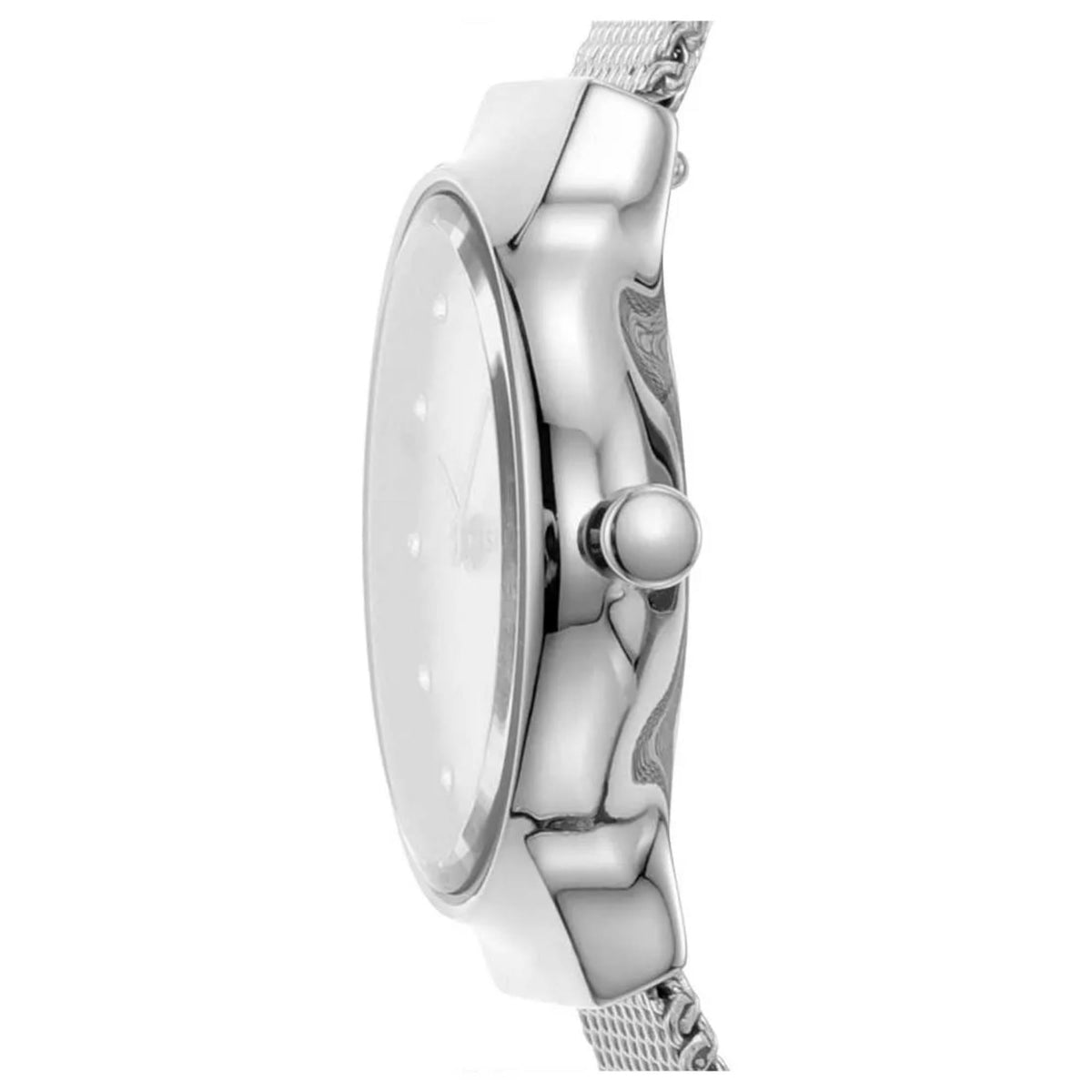 Side profile view of the slim case and setting crown on the Skagen Freja Lille SKW2715 timepiece