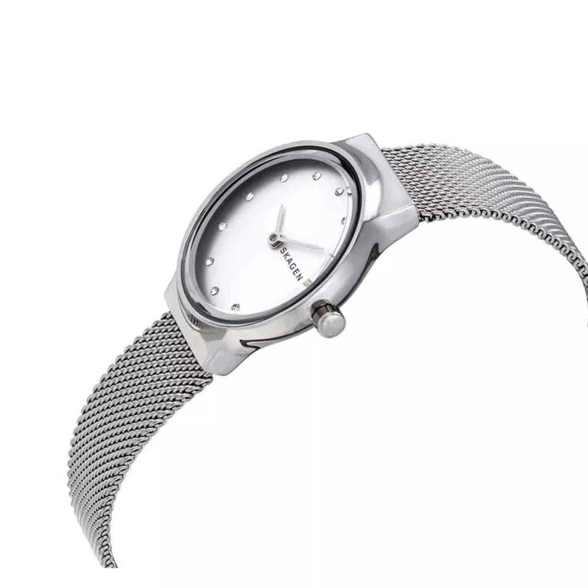 Perspective angle showcasing the white silver dial, crystal indices, and polished bezel of the Skagen Freja Lille SKW2715 watch