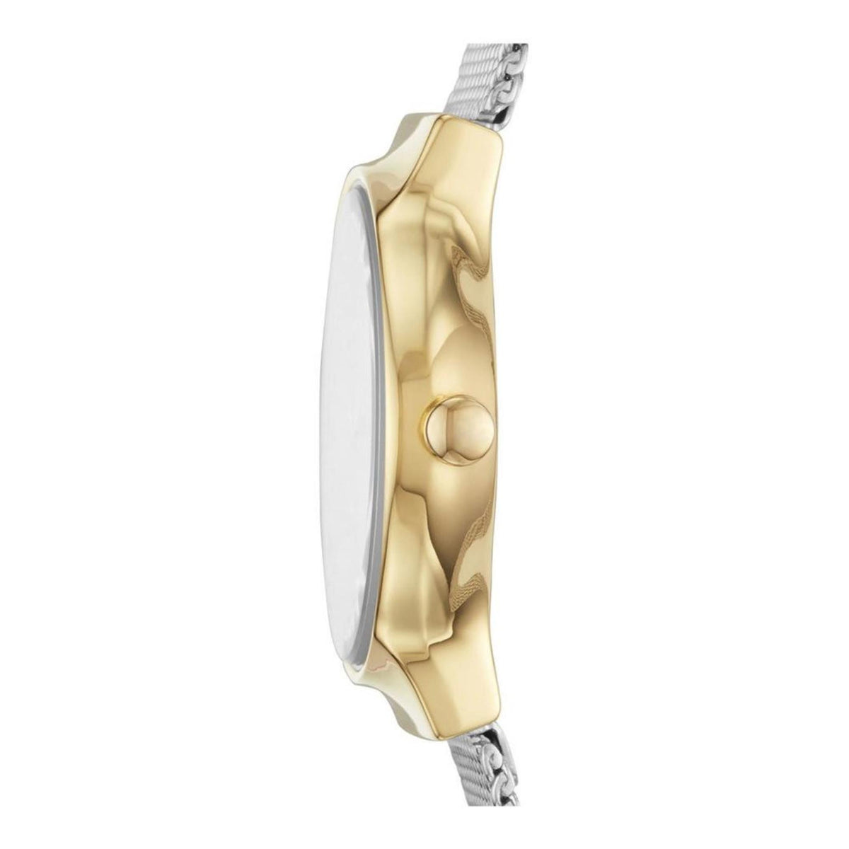 Ultra-slim side view displaying the gold-plated case and crown of the Skagen Freja Lille SKW2666 watch.