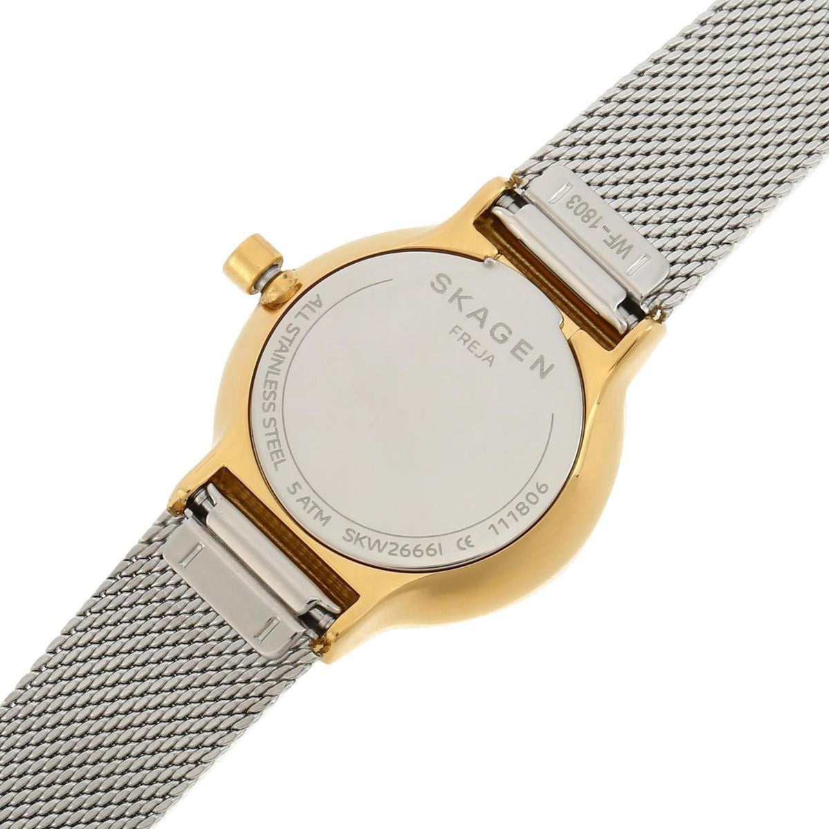 Close-up detail of the engraved solid case back and mesh release bars on the Skagen Freja Lille SKW2666 watch.