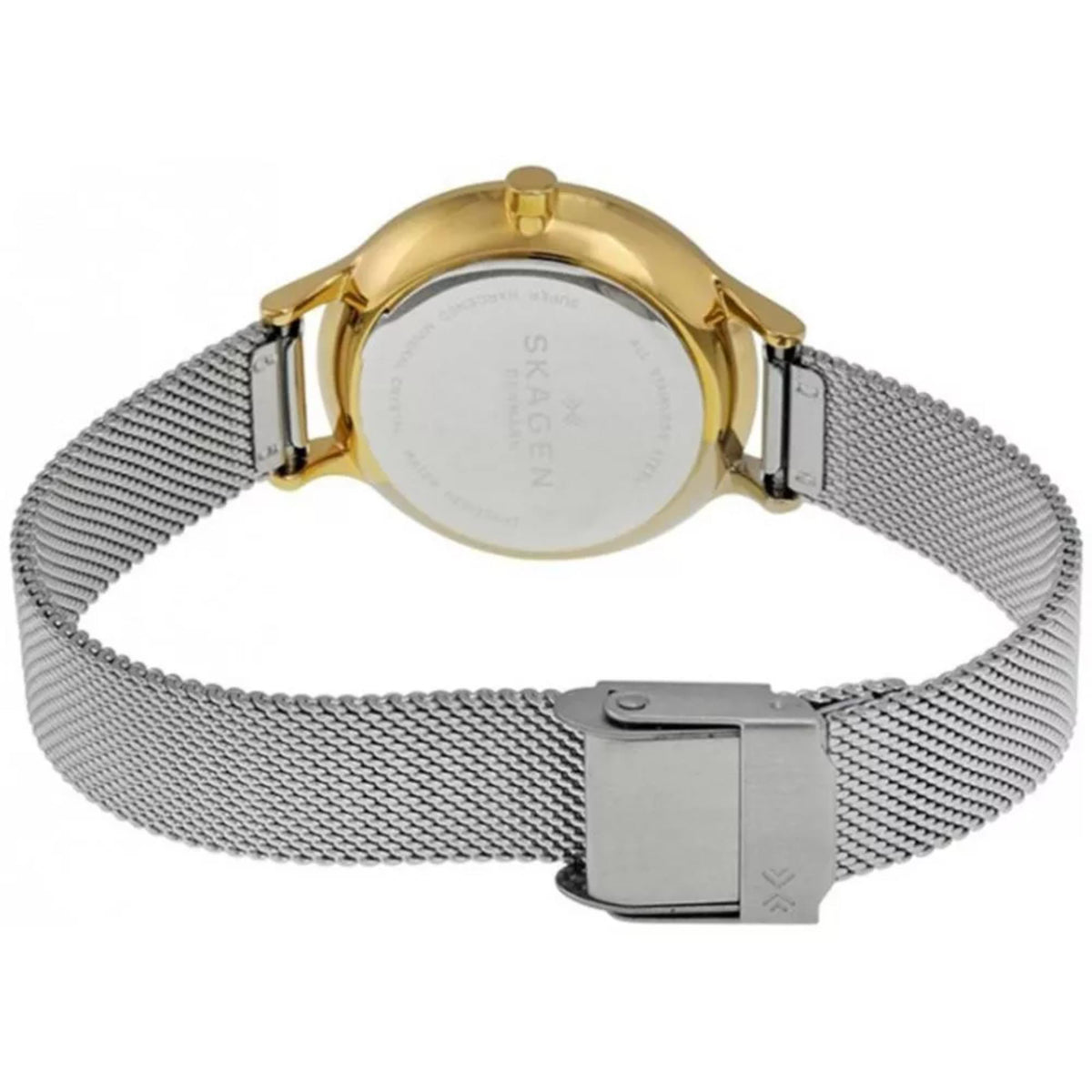 Rear view of the Skagen Anita Lille SKW2340 watch displaying the stainless steel case back and mesh bracelet clasp