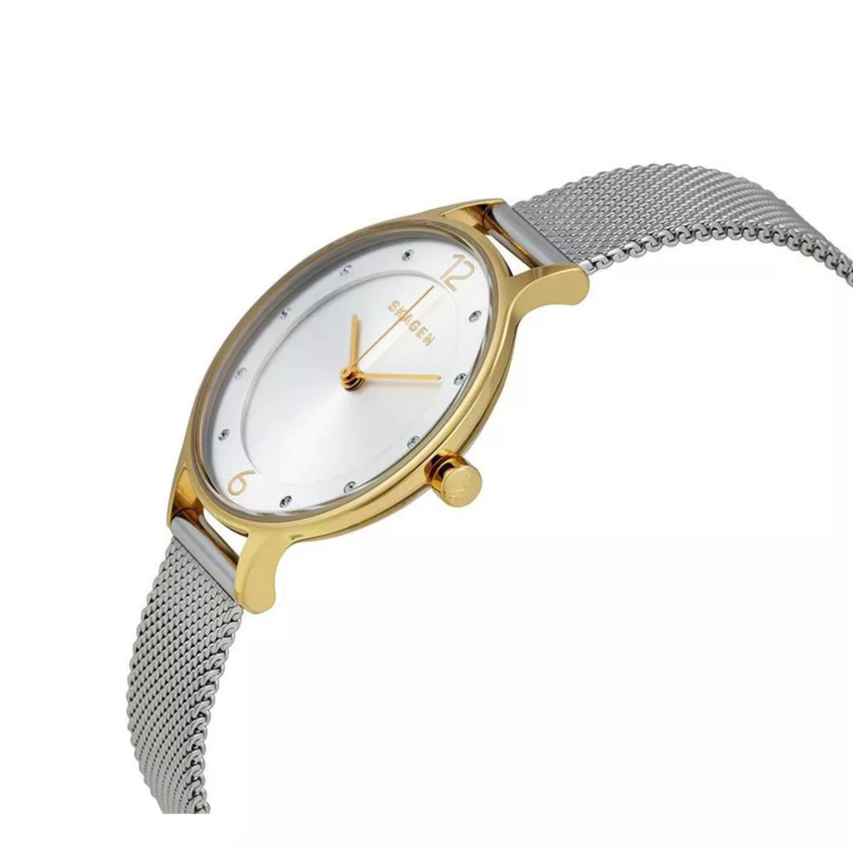 Angled perspective of the Skagen Anita Lille SKW2340 watch featuring a white dial, gold markers, and steel mesh strap