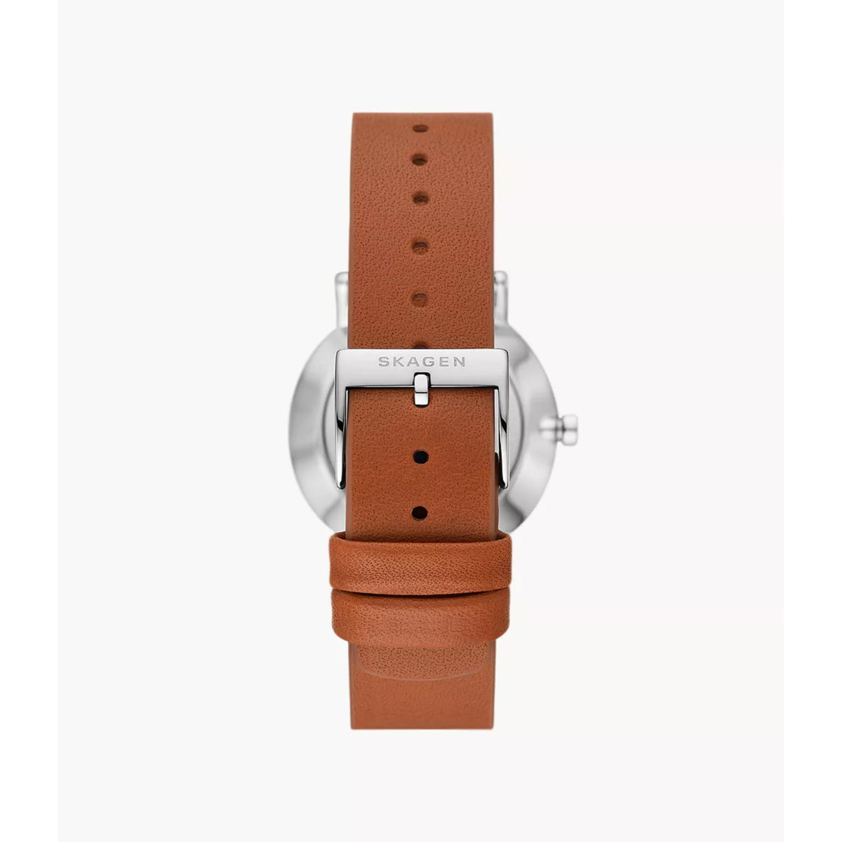 Skagen Kuppel Lille SKW3103 rear view highlighting brown leather strap with engraved buckle closure