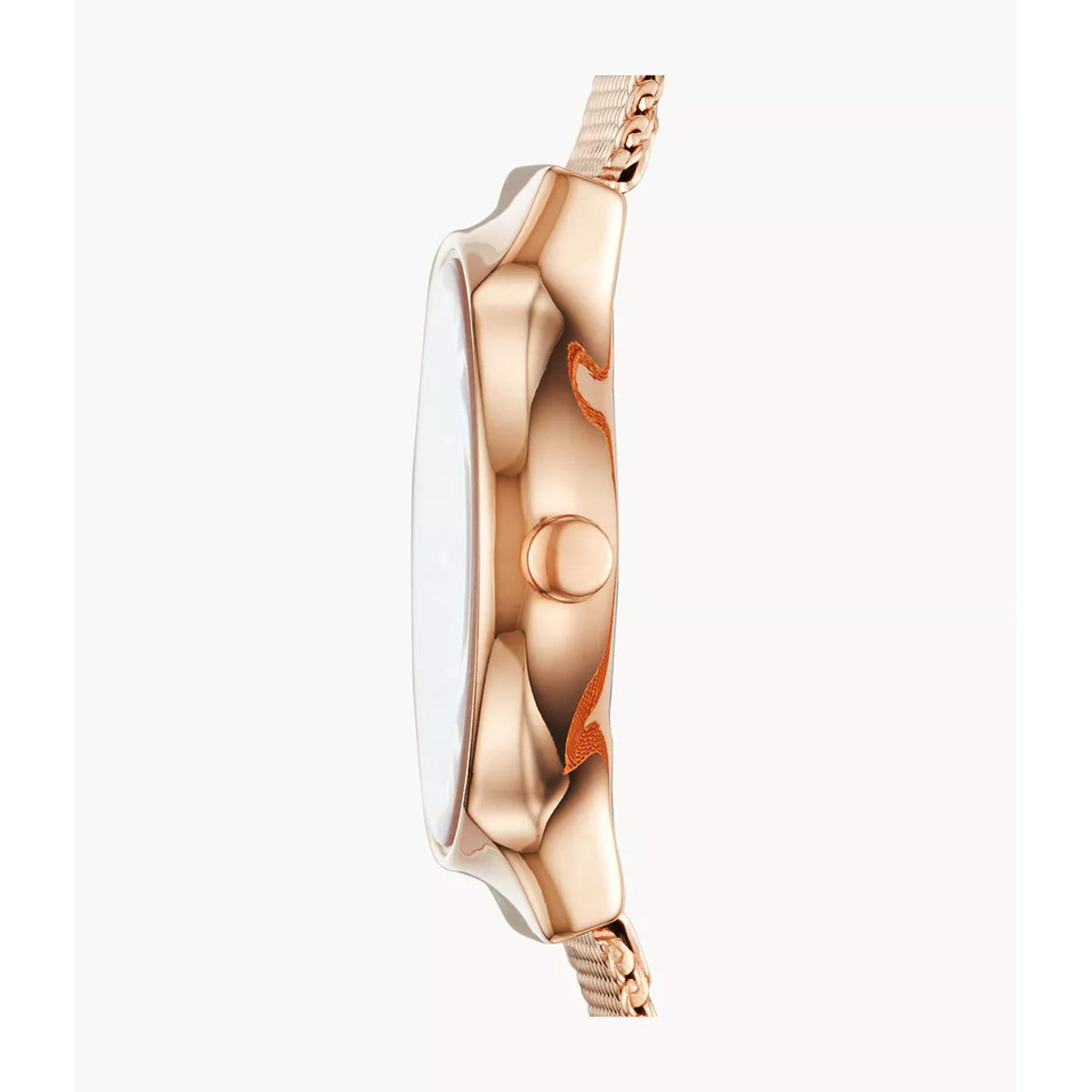 Skagen Freja rose gold watch case side profile with crown and mesh bracelet