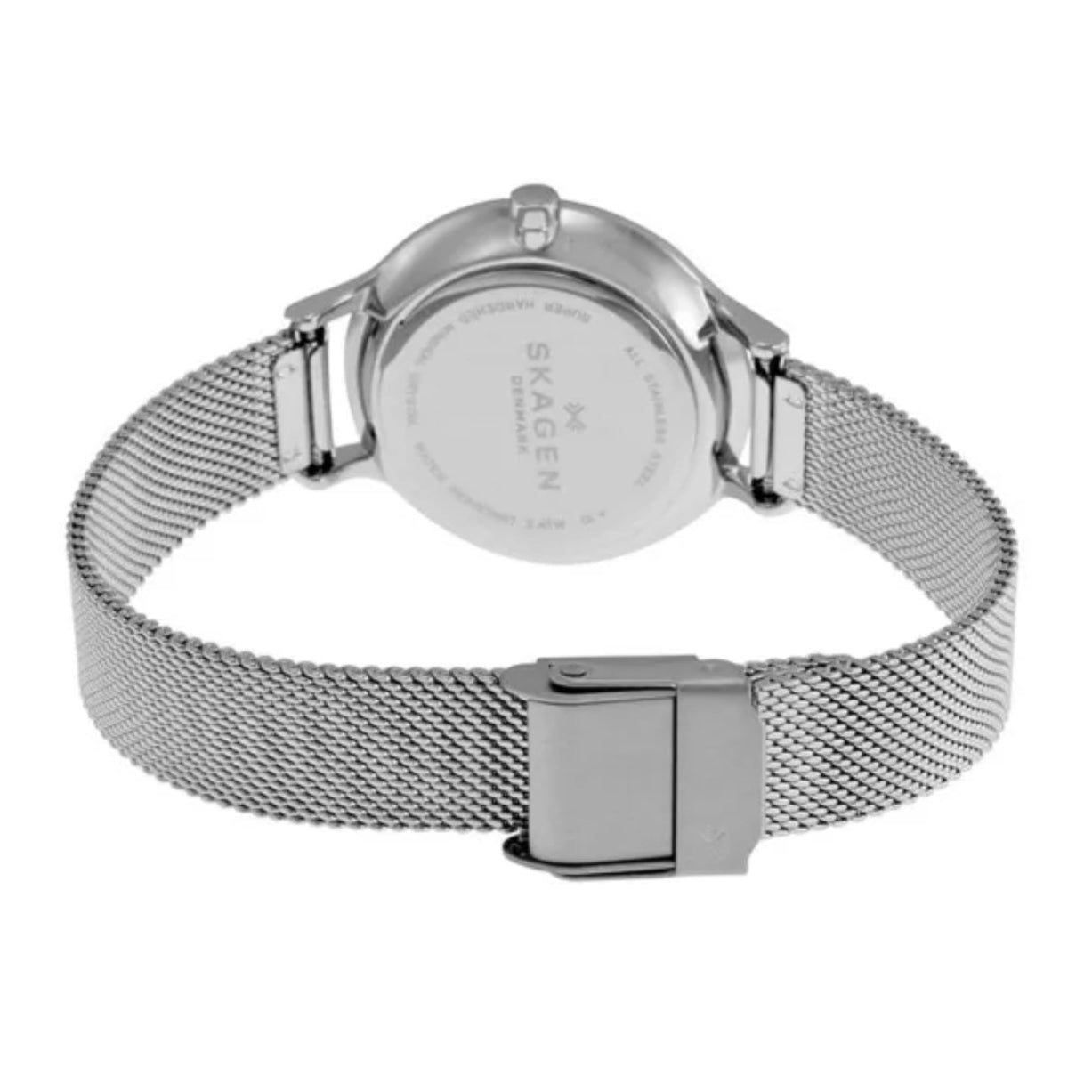 Reverse angle of the Skagen Anita Lille SKW2307 watch showing the engraved stainless steel back and mesh strap clasp