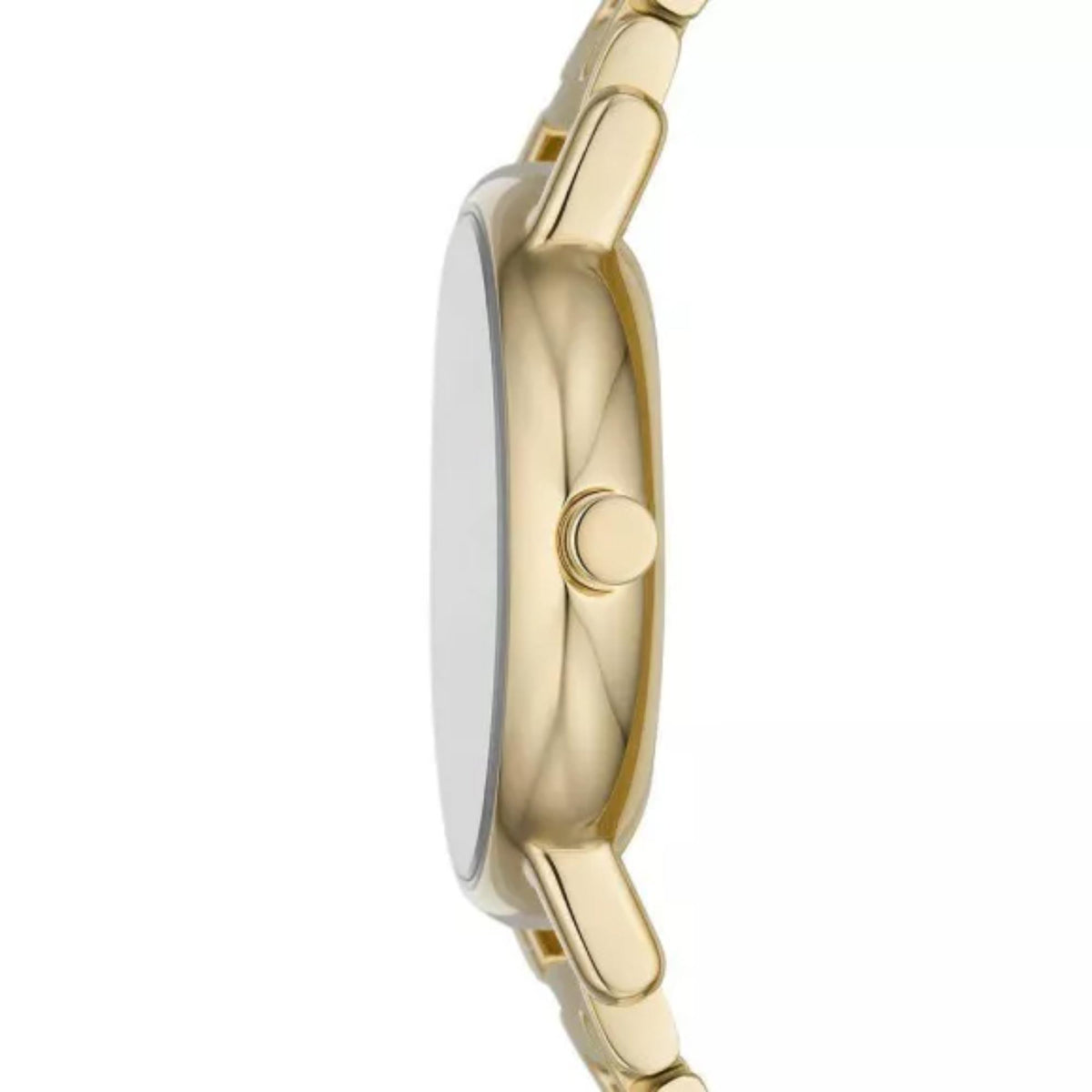 Gold stainless steel bracelet watch side profile with round crown