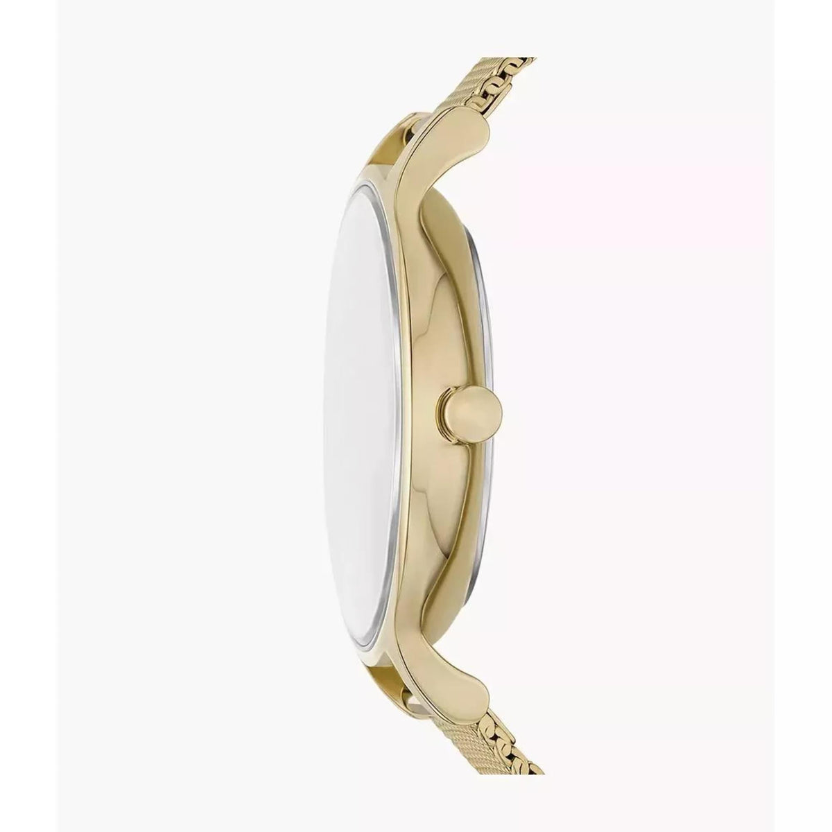 Side profile wristwatch with gold-toned case and mesh bracelet, crown detail