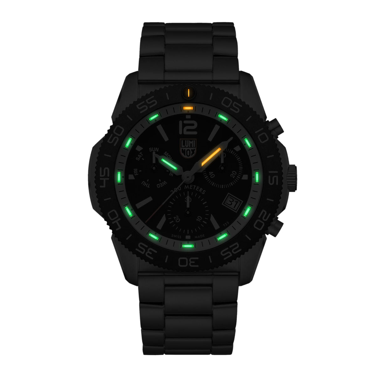 Men's black diver chronograph watch with glowing green markers and black silicone strap.