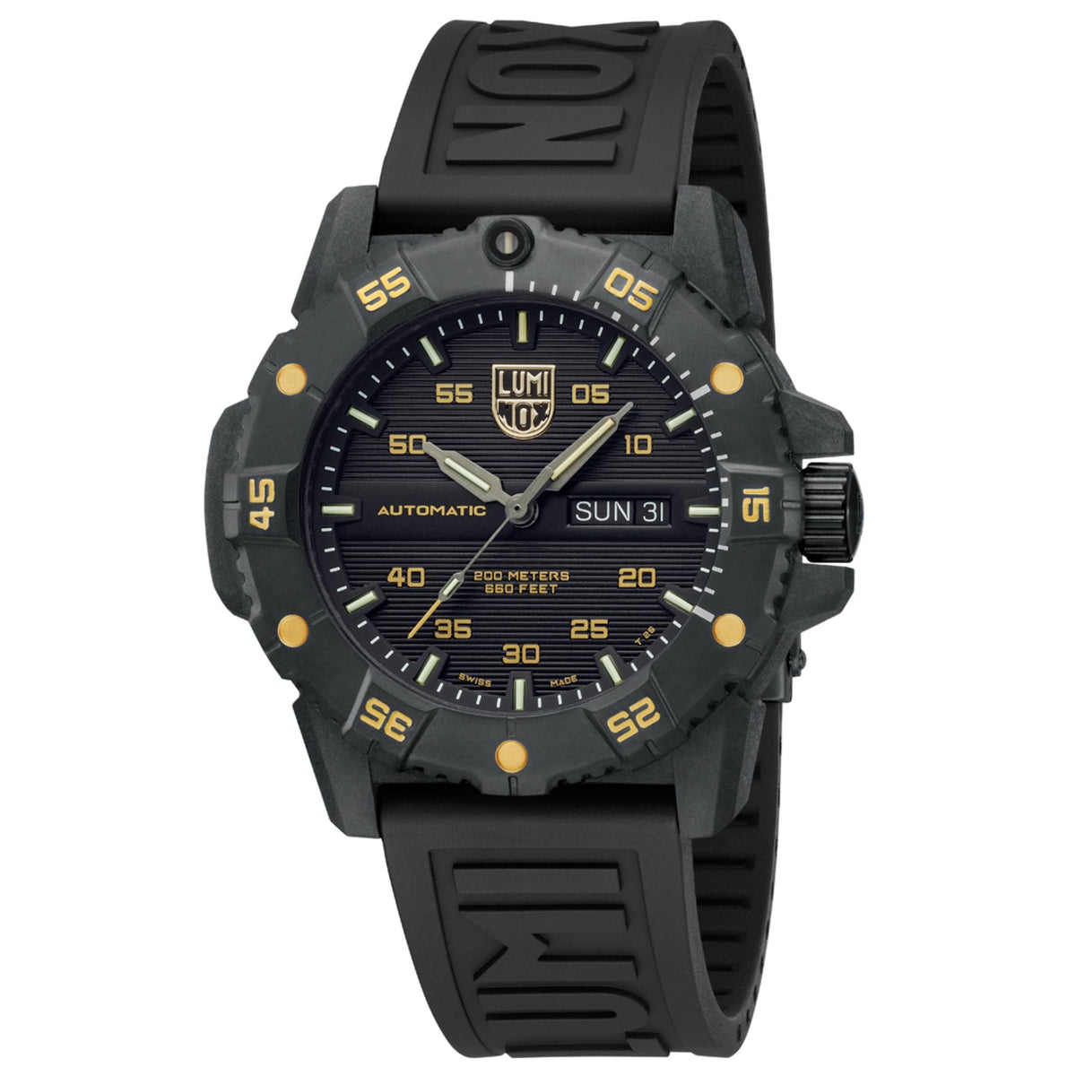 Men’s automatic dive watch with black dial, gold markers, and black rubber strap