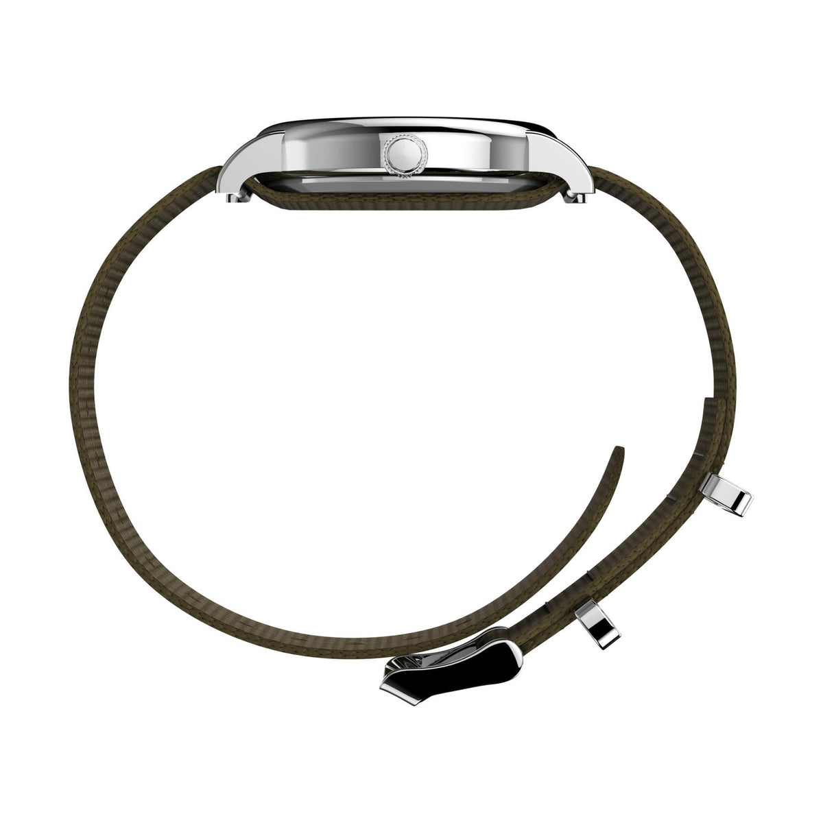 Quartz wrist watch with olive woven fabric strap and silver buckle hardware