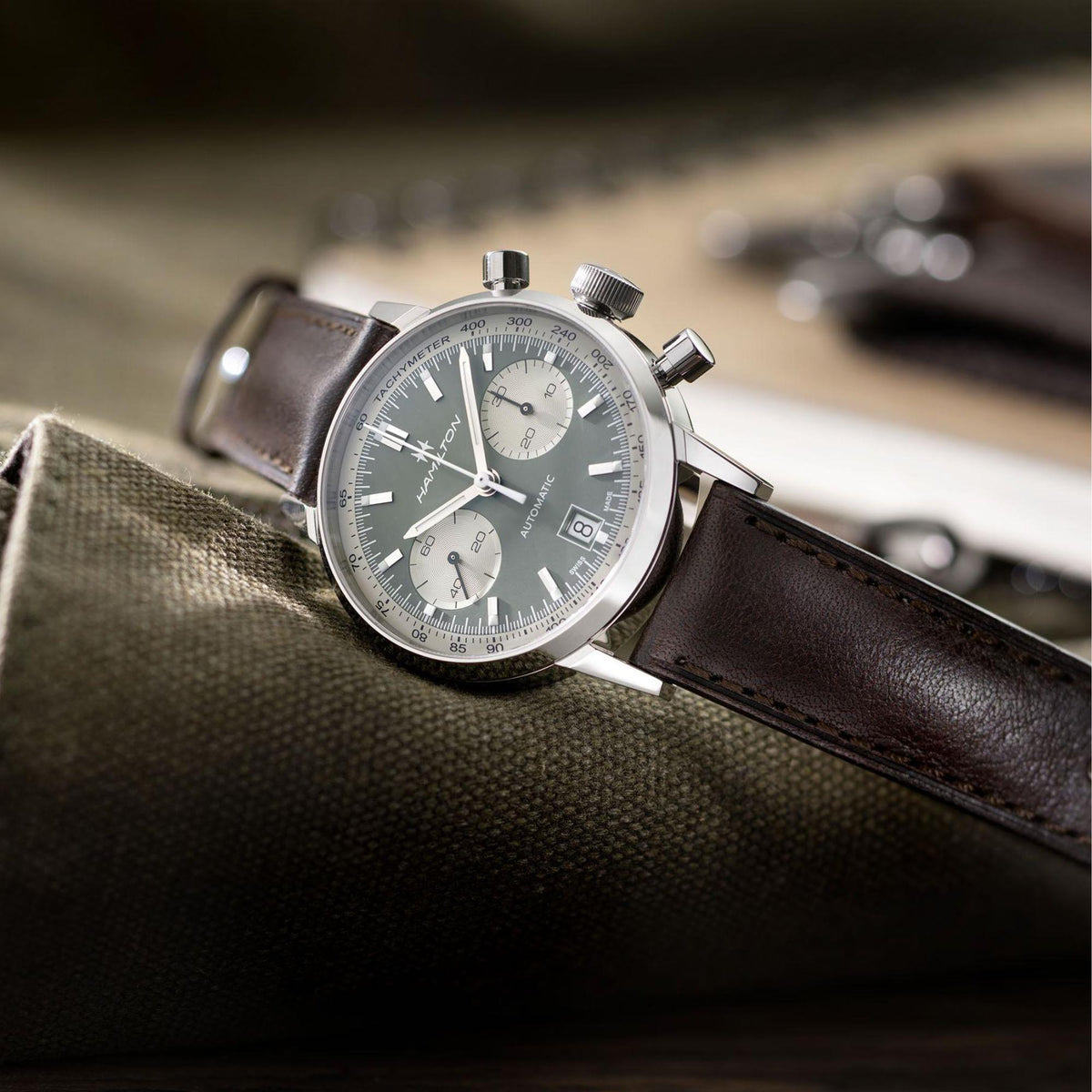 Hamilton automatic chronograph watch on brown leather strap with green dial