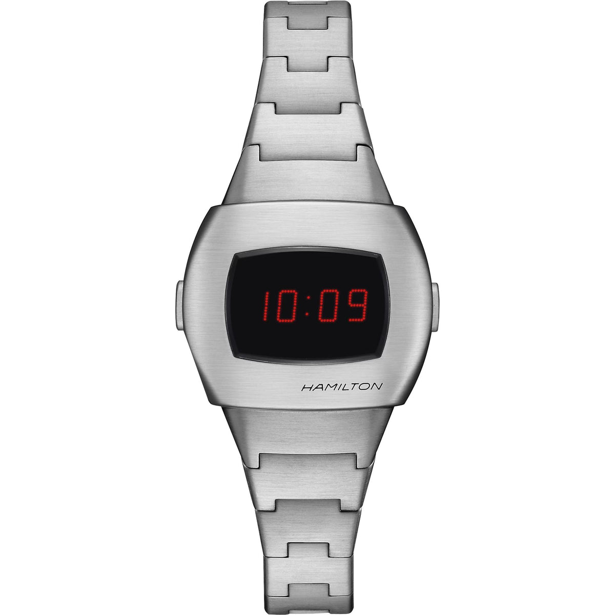 Stainless steel digital watch with red LED display and integrated link bracelet