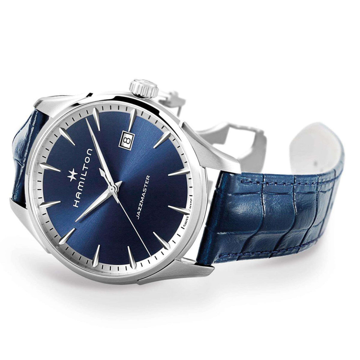 Men's blue dial quartz wristwatch with silver bezel and dark blue leather strap