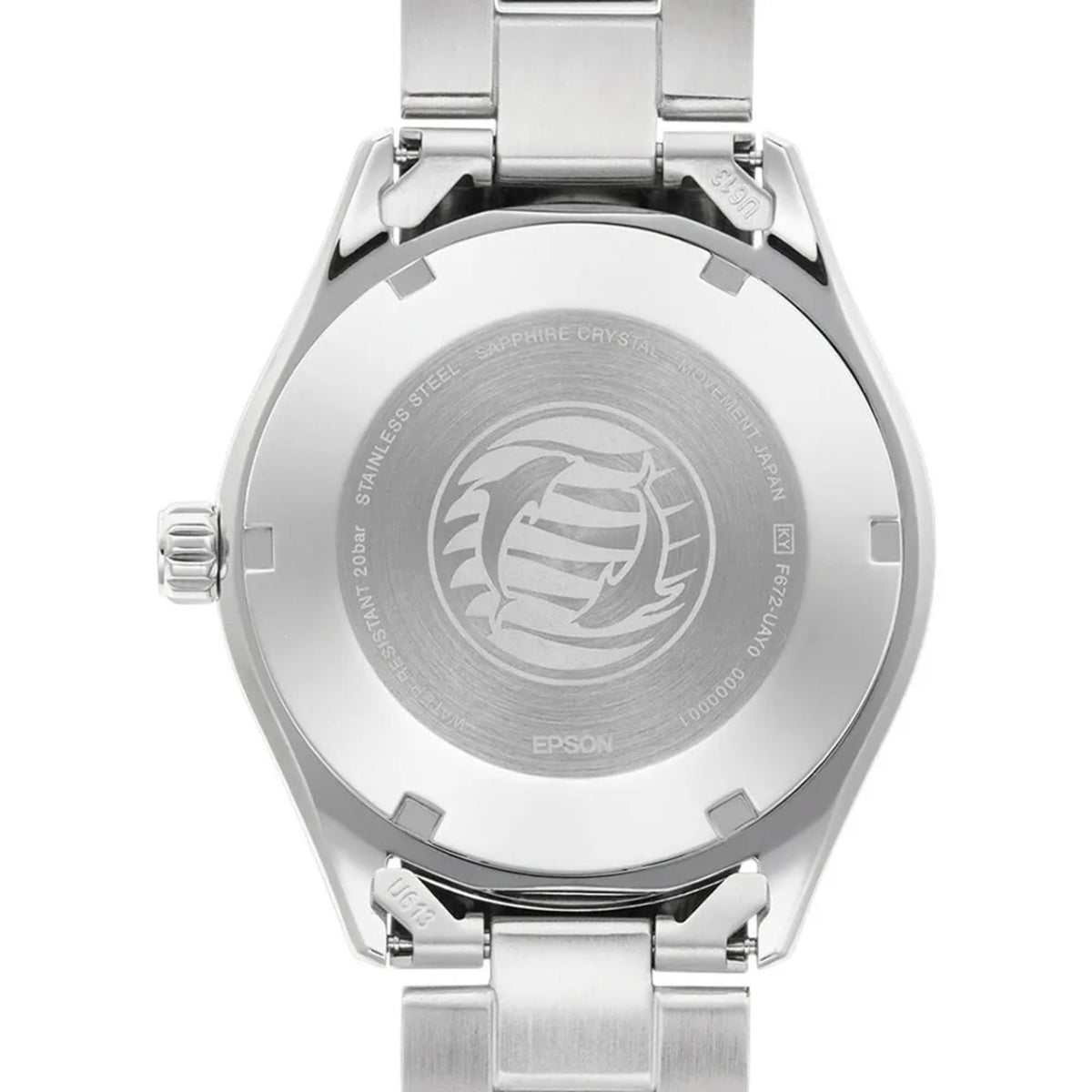 Steel automatic wristwatch case back with engraved logo and metal bracelet links