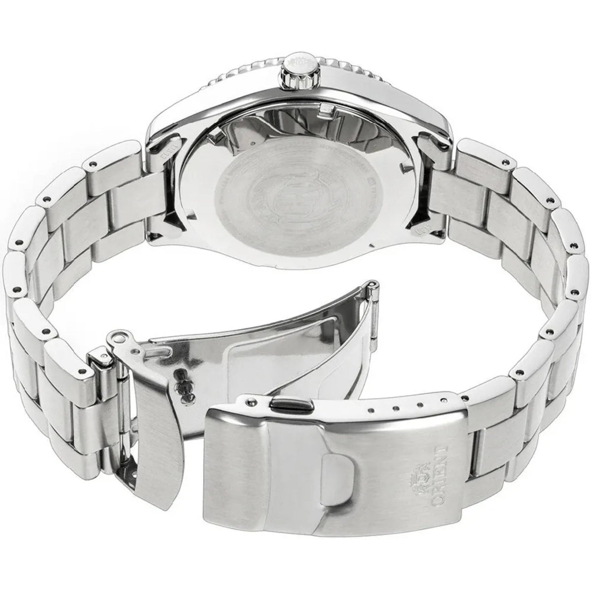 Steel automatic wristwatch with crown and clasp, metal bracelet links