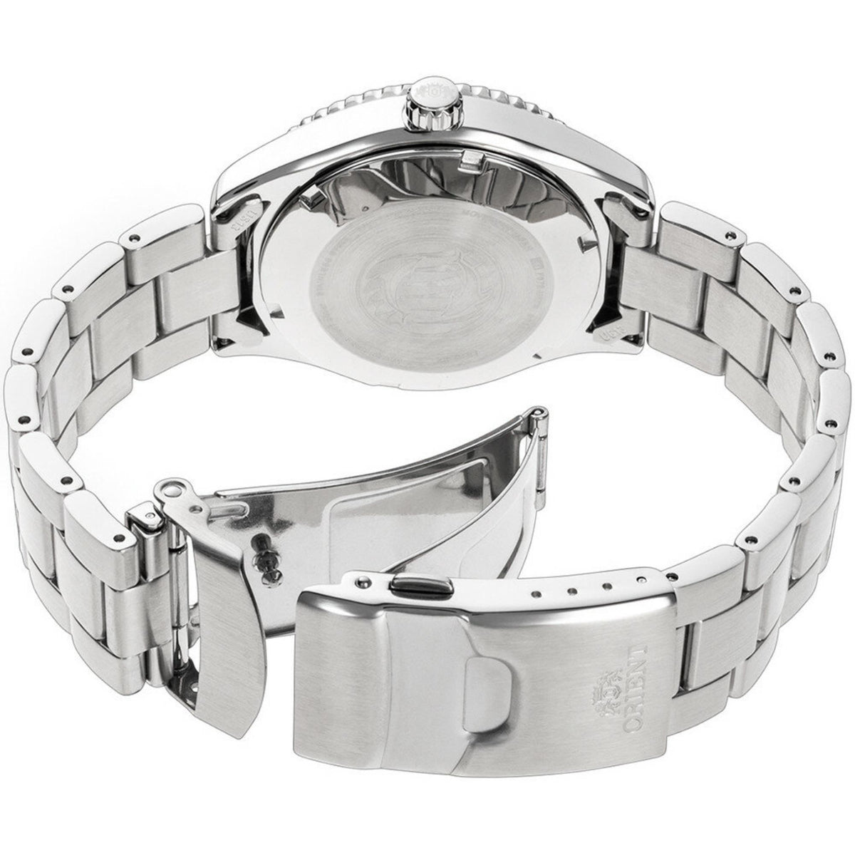 Rear view showing the open stainless steel bracelet and folding clasp of Orient Mako RA-AC0Q01B30B