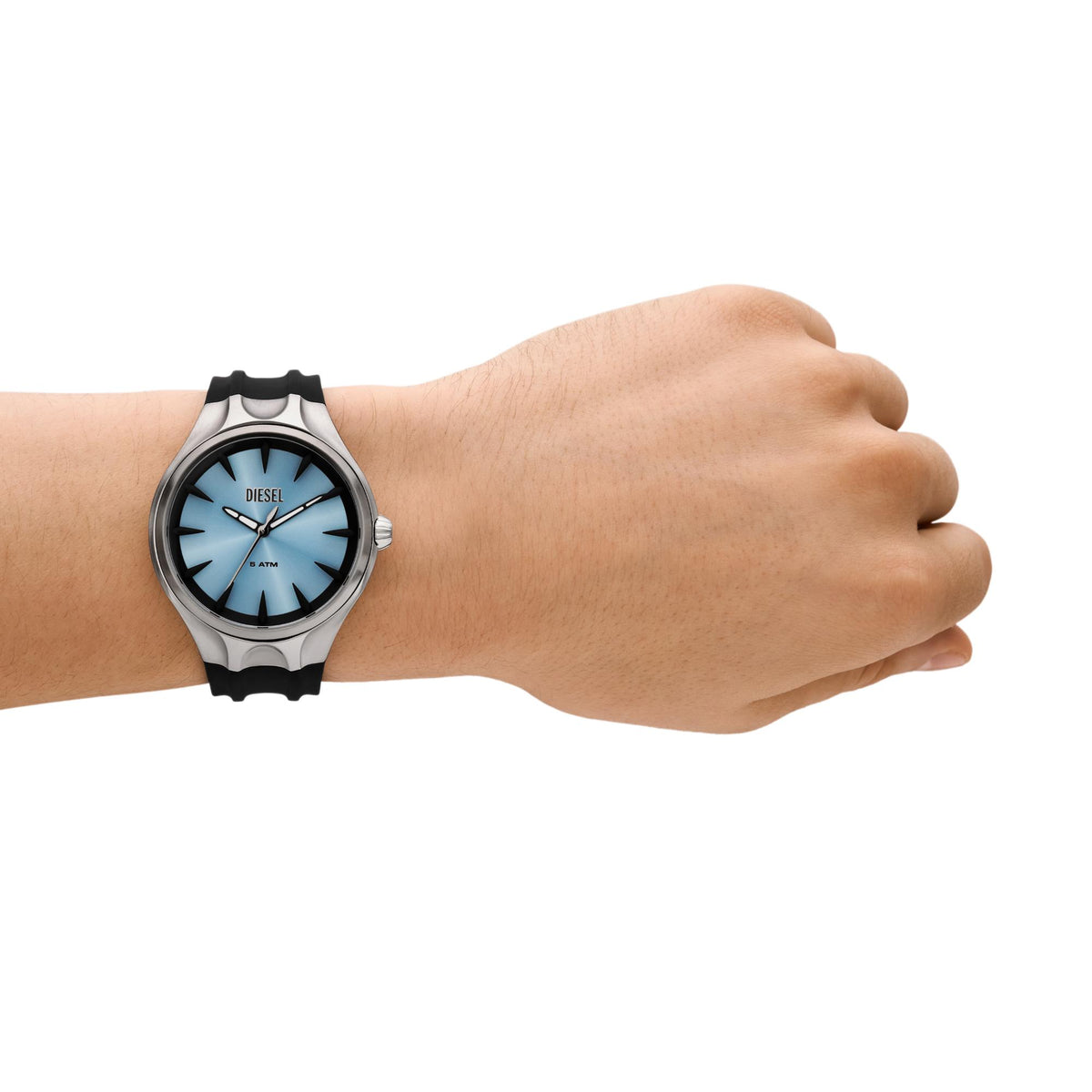 Diesel Streamline men's watch on wrist with blue dial and black silicone strap