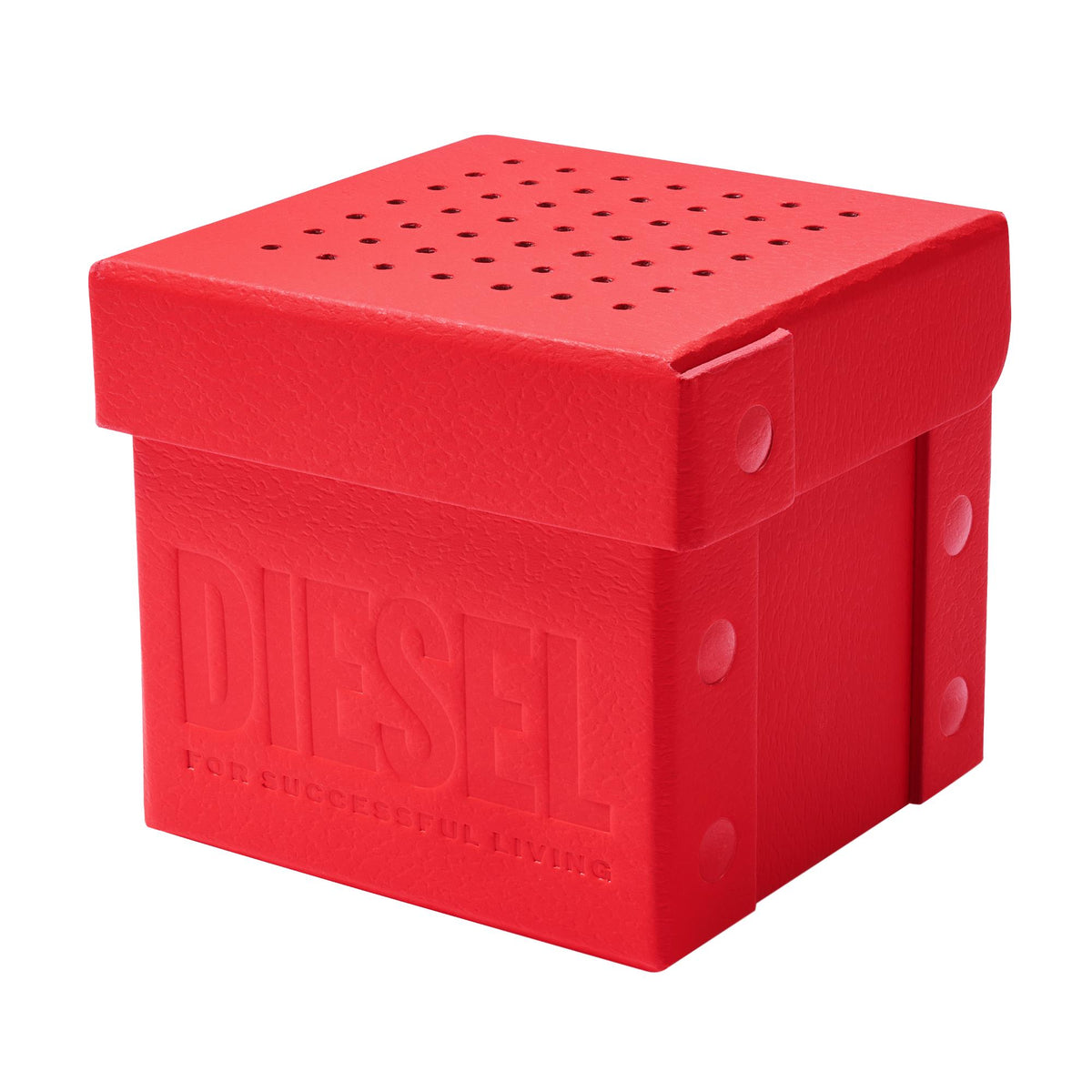 Diesel watch gift box, red hinged box with perforations and embossed Diesel logo