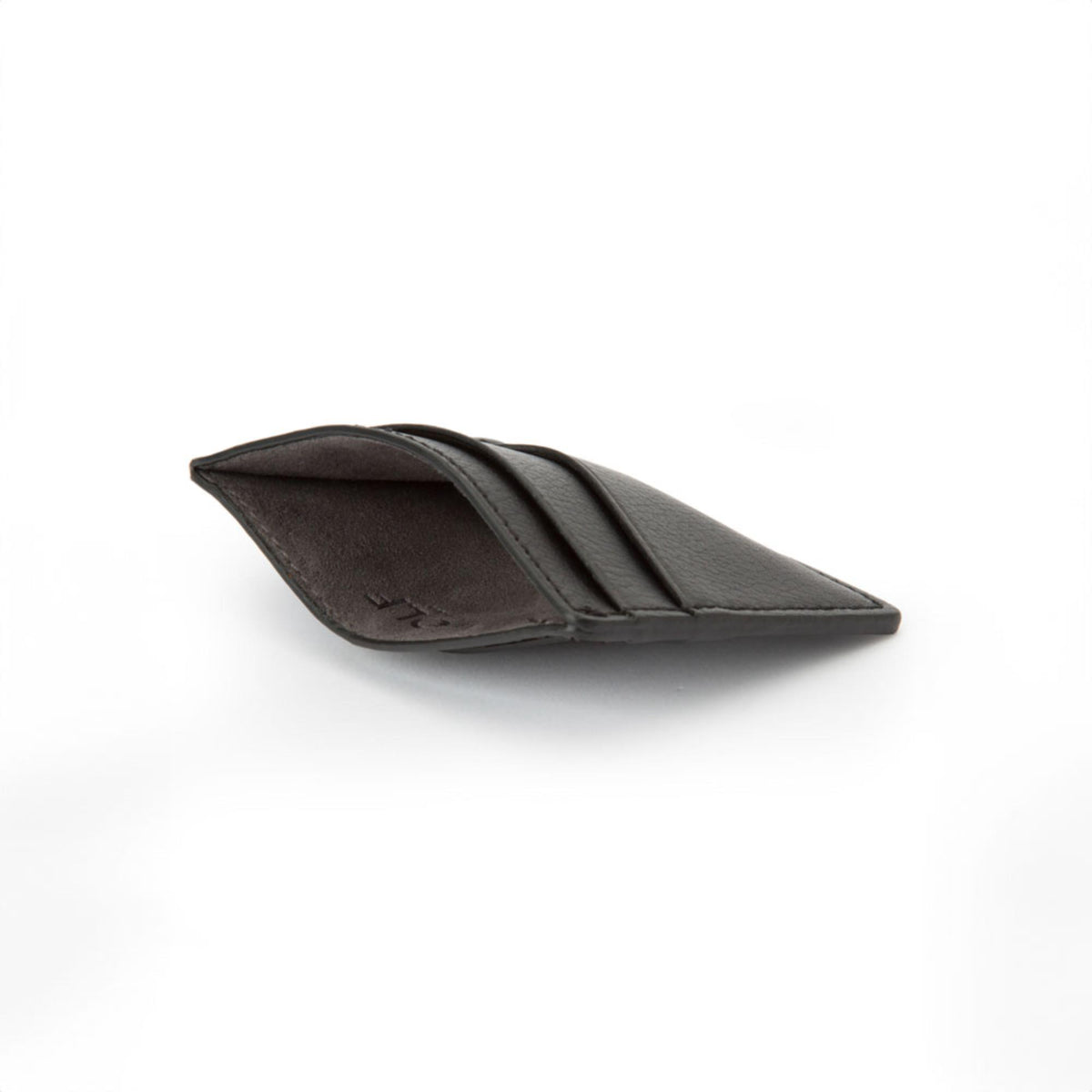 Black credit card case with front opening and visible inner lining, textured leather
