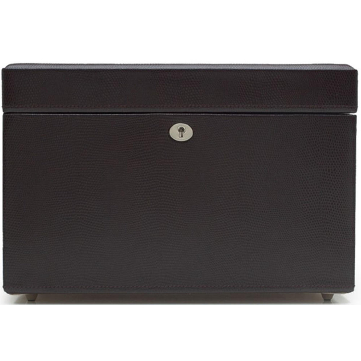 Dark brown medium jewellery box with hinged lid and round lock on front