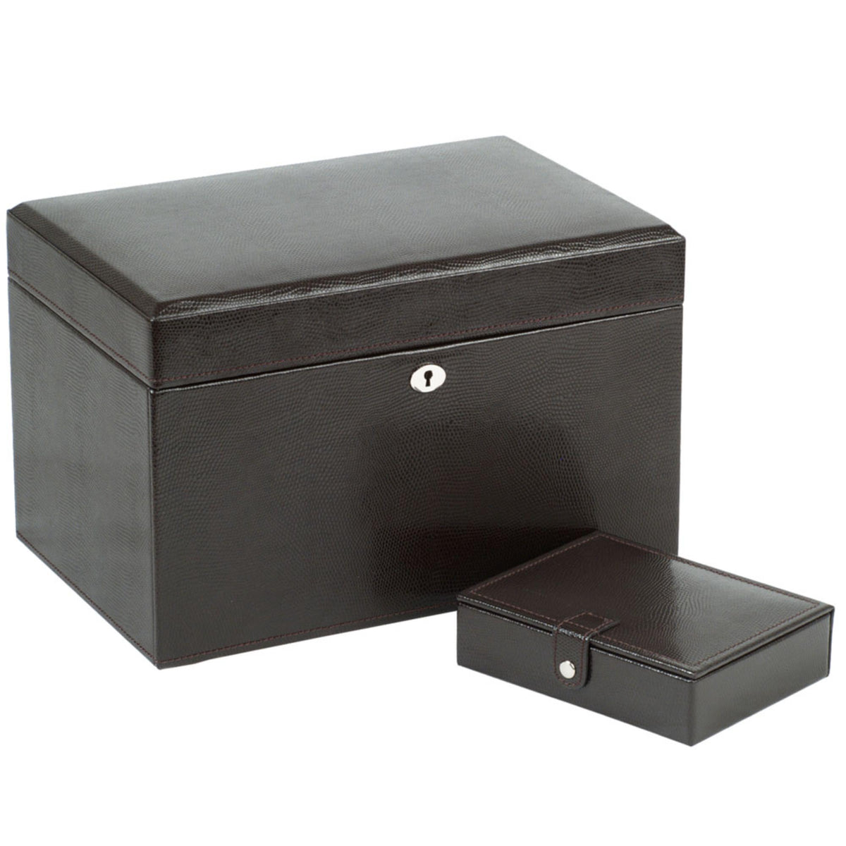 Grey medium jewellery box with hinged lid, round lock, and matching small tray